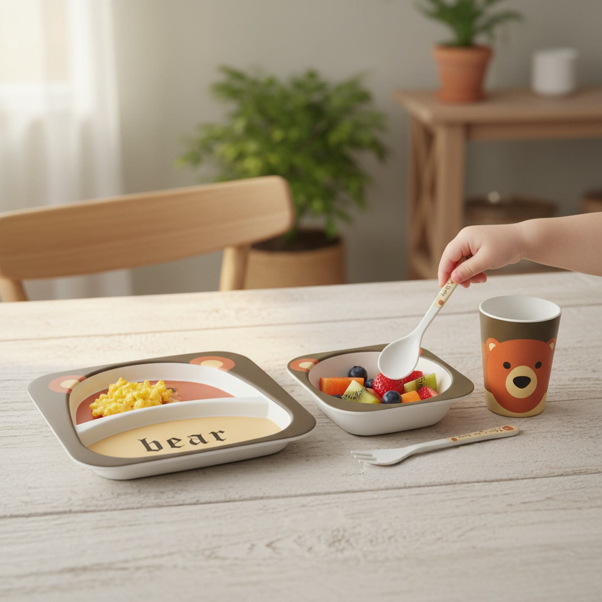Sendez Kindergeschirr-Set 5-tlt. mit Bärenmotiv: Teller, Schale, Becher & Besteck bruchsicher (5-tlg), 1 Personen