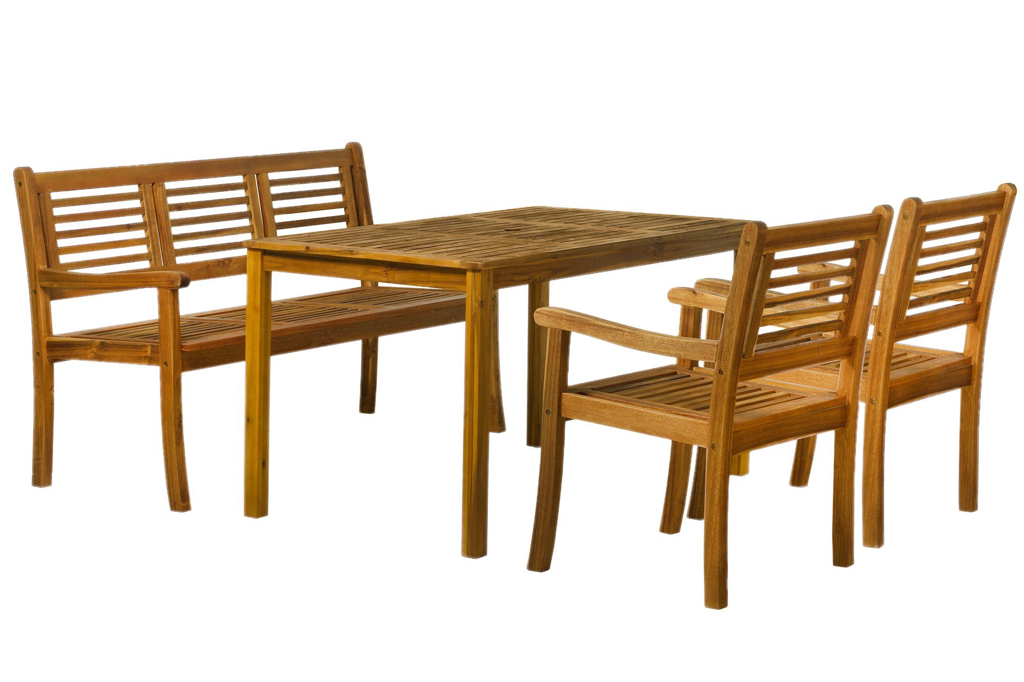 Sitzgruppe - 150x92x68 Stühle und - - 1 Stühlen, Esstisch, natur), 56x108x74 TPFGarden Tisch Gartenessgruppe 150x75x100 cm mit Bank: 5-tlg., Sitzgruppe klappbar, Maße 1 Akazienholz, (Ausziehbarer verstellbar, Bank - Farbe: (BxHxT): Tisch AKANA Stühle 2 Balkon Stuhllehnen geöltem 5-fach aus