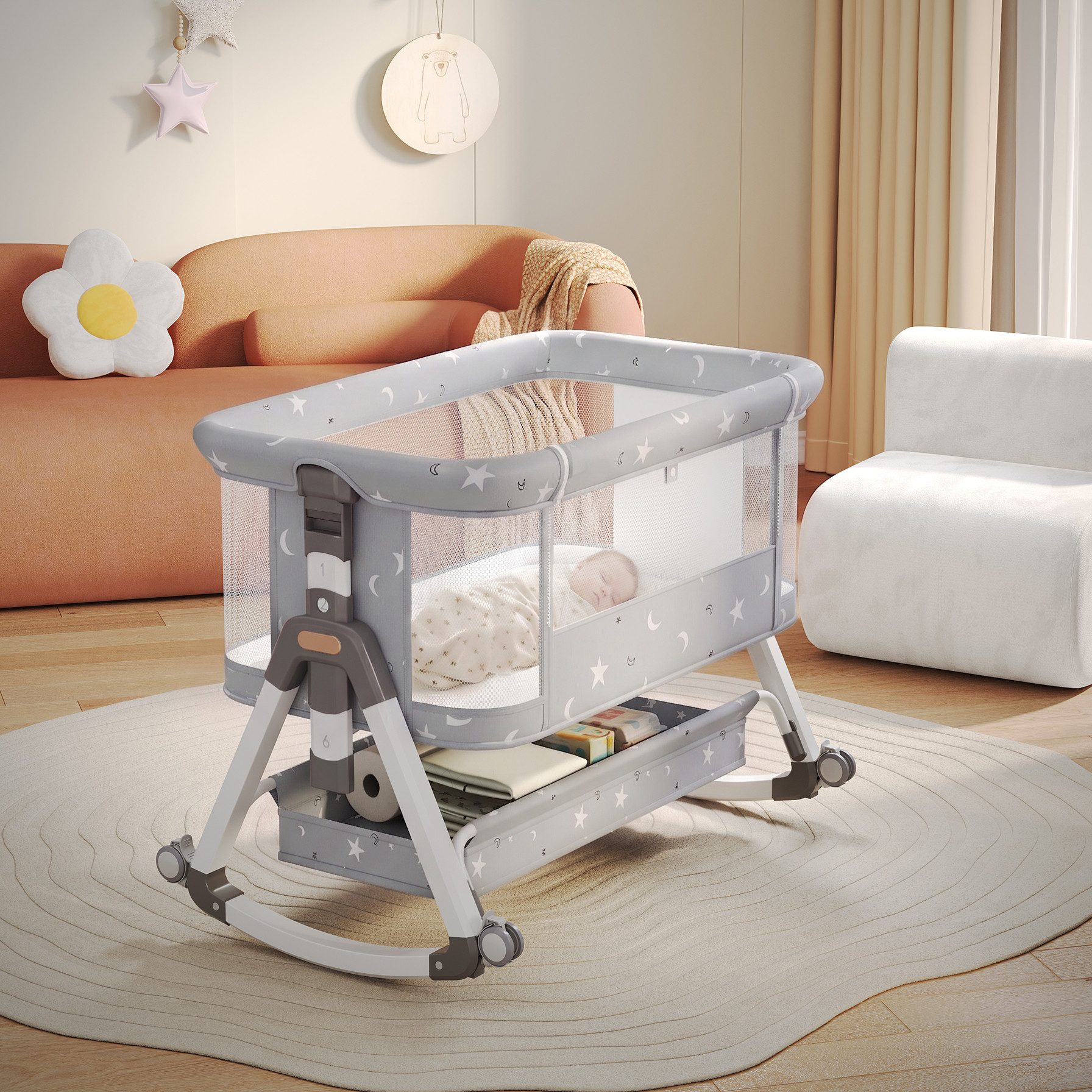 oyajia Beistellbett 3 in 1 Beistellbett Stubenwagen Babybett Baby Reisebett, 6-stufige Höhenverstellung, mit Rollen, Moskitonetz und Matratze