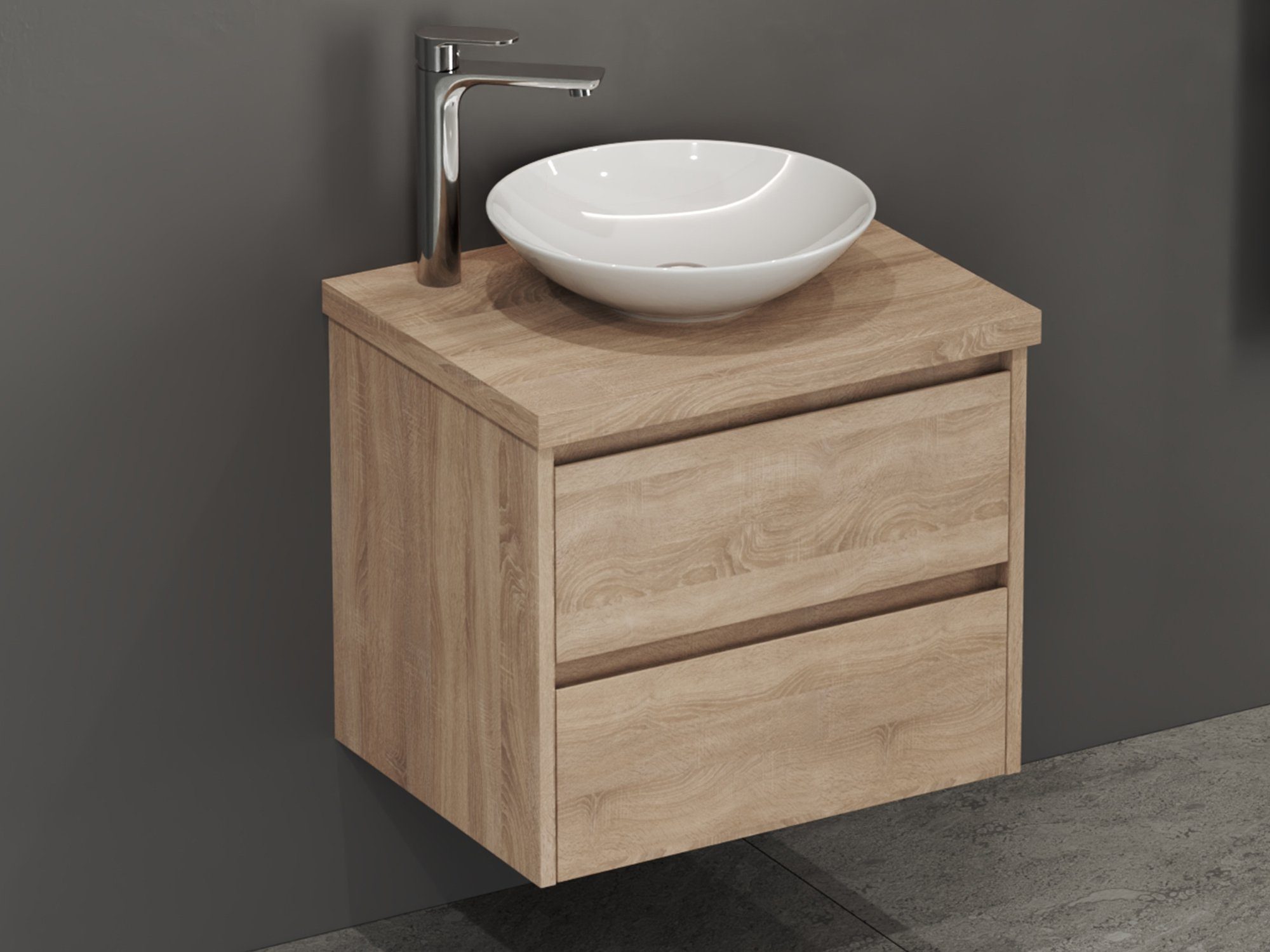 Aqua Bagno Badmöbel-Set in verschiedenen Größen - Badschrank mit Trägerplatte & Keramikbecken, (Set, aus 3 Teilen (Unterschrank, Trägerplatte und Aufsetzwaschbecken), Zwei Vollauszugschubladen mit Softclose Funktion