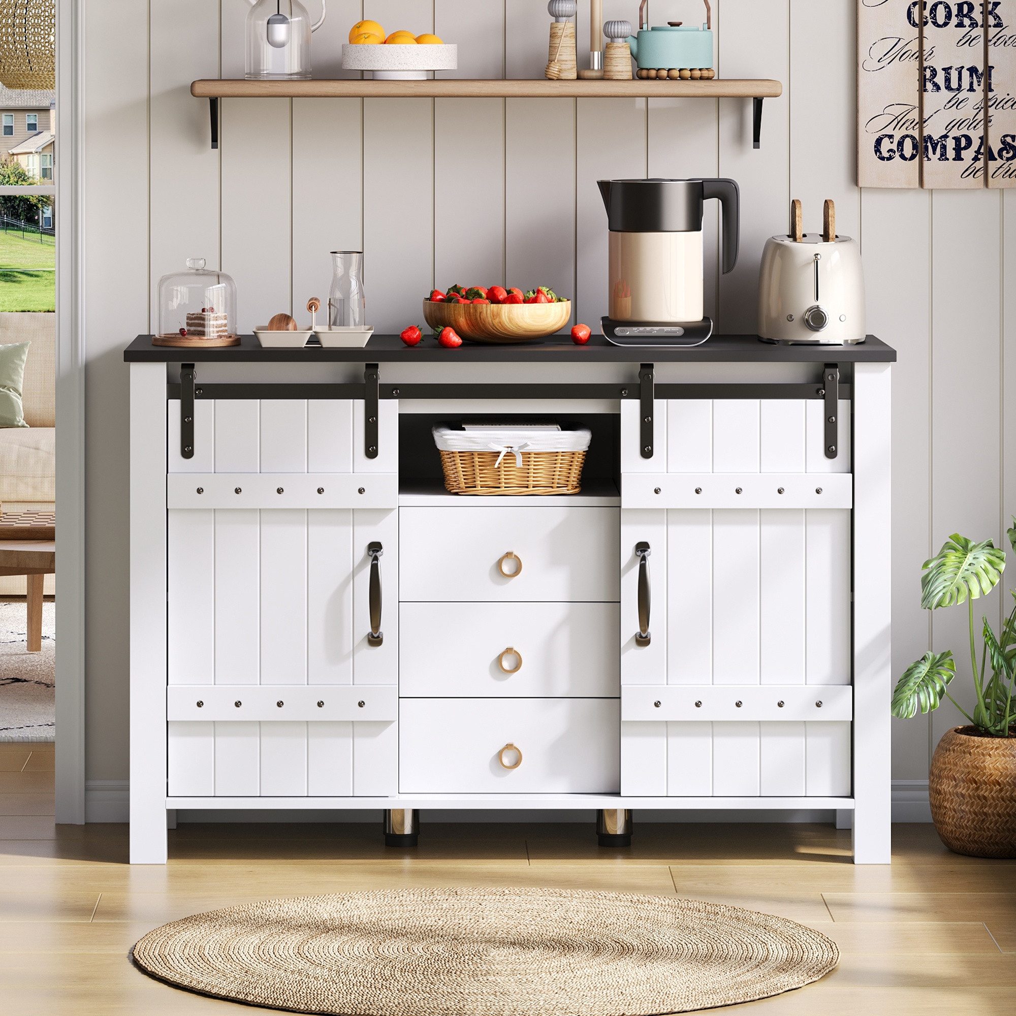 IDEASY Sideboard Sideboard 120cm weiß, Schiebetüren & 3 Schubladen