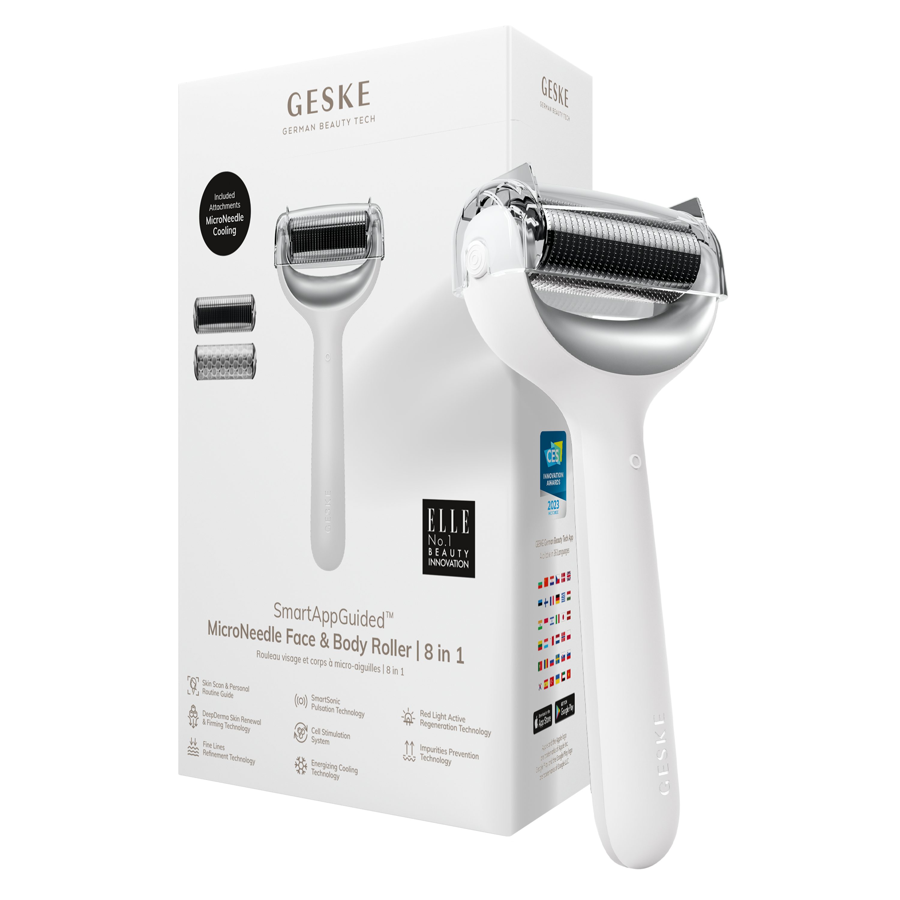 GESKE German Beauty Tech Micro-Needling SmartAppGuided™ MicroNeedle Face & Body Roller 8 in 1, Packung (Gerät & USB-Ladekabel), 4-tlg., Gerät inkl. kostenloser APP (SmartAppGuided Device), Mit der GESKE App erhältst Du deine personalisierte Hautpflegeroutine. White