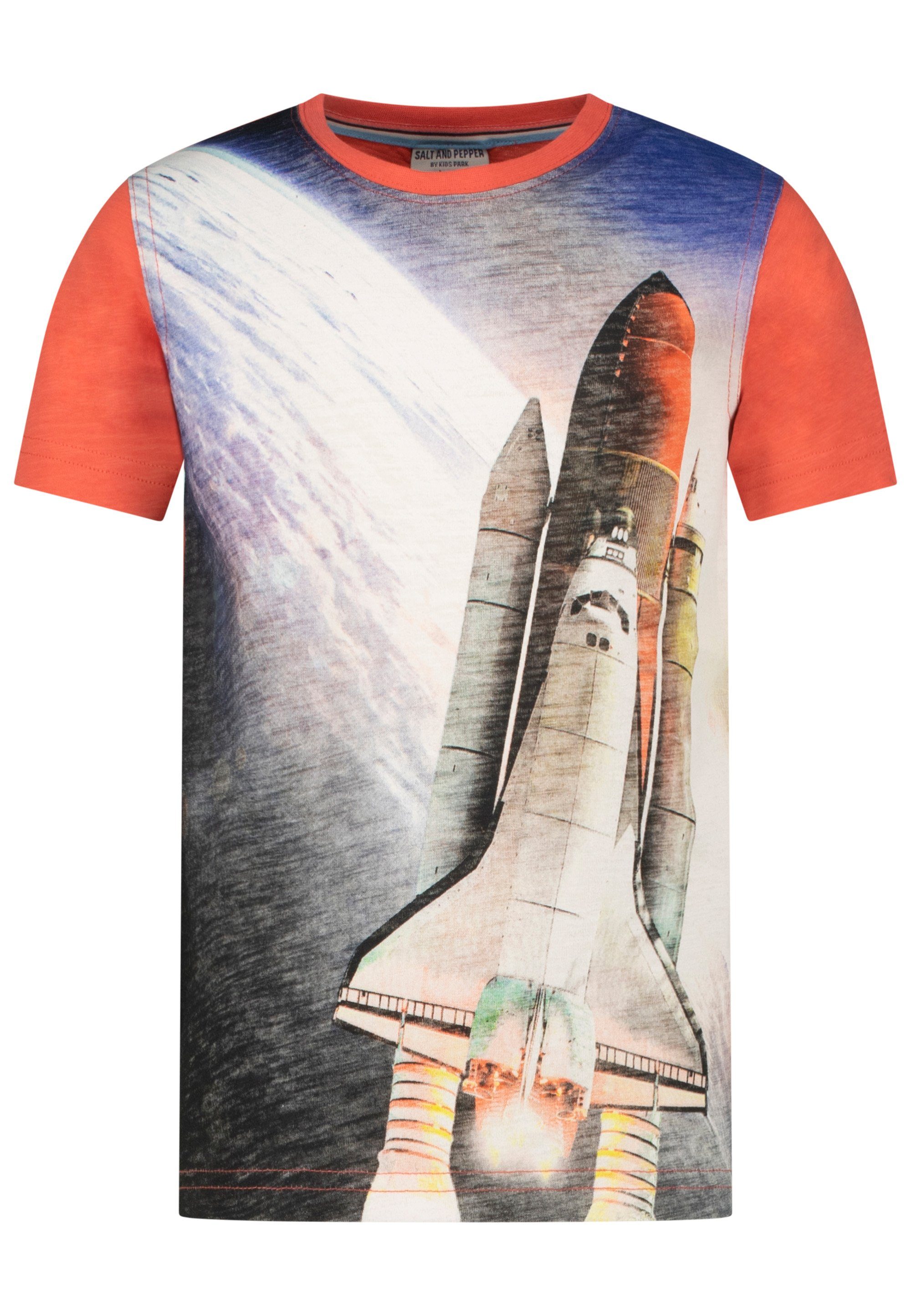 Fotodruck (2-tlg) T-Shirt AND dunkelblau-rot Space PEPPER mit realistischem SALT Shuttle