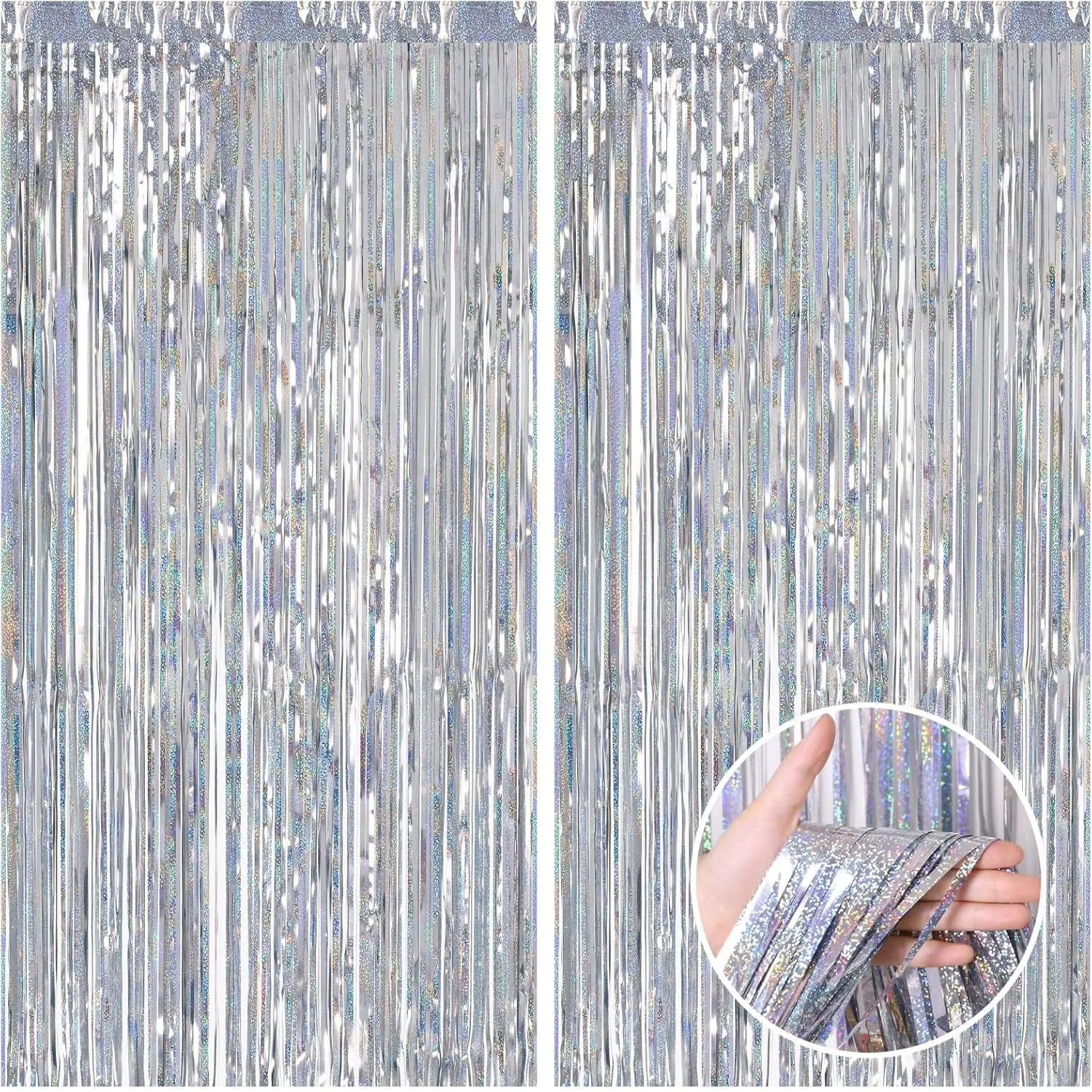 Kopper-24 Türvorhang Lametta Vorhang 2 x 1 m, Silber glitzernd, holographisch Party Deko Fo, Schlaufen, Folie