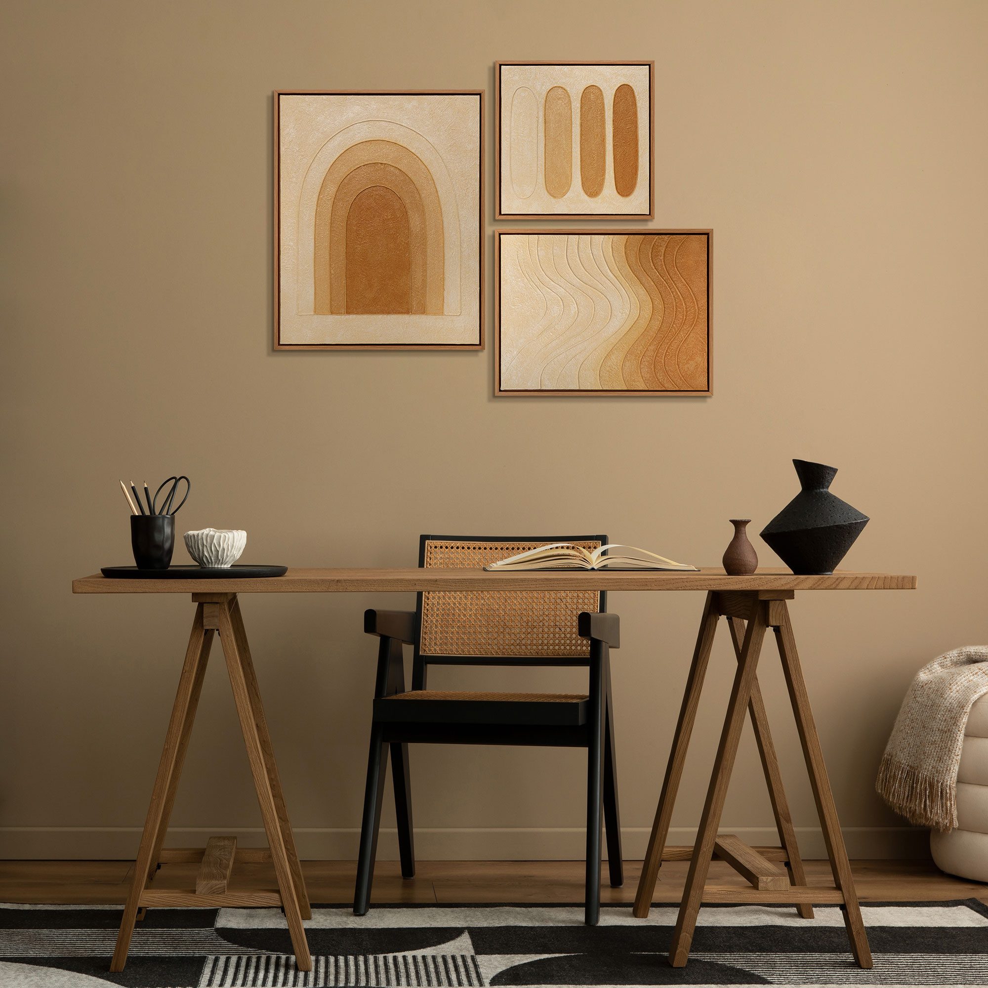 YS-Art Gemälde "Lied der Wüste", Geometrische Formen (Set, 3 St), Bilder Set mit Rahmen – Leinwandbilder Set Abstrakt handgemacht