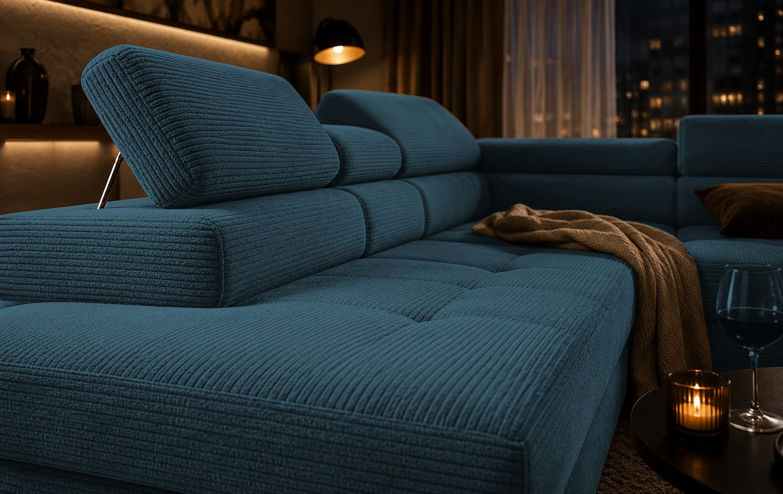 Goldstoff Ecksofa mit Schlaffunktion, Cord Couch für Wohnzimmer - Cord Ecksofa, Cord Sofa VOYAGE 2 Teile, Großer Bettkasten