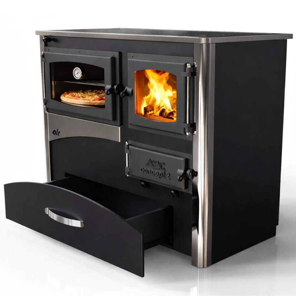 ABC Proizvod Kaminofen mit Backfach und Herdplatte Kochfeld Kochplatte Dauerbrand Holzofen, Dauerbrand, Mehrfachbelegung, für Holz und Kohle