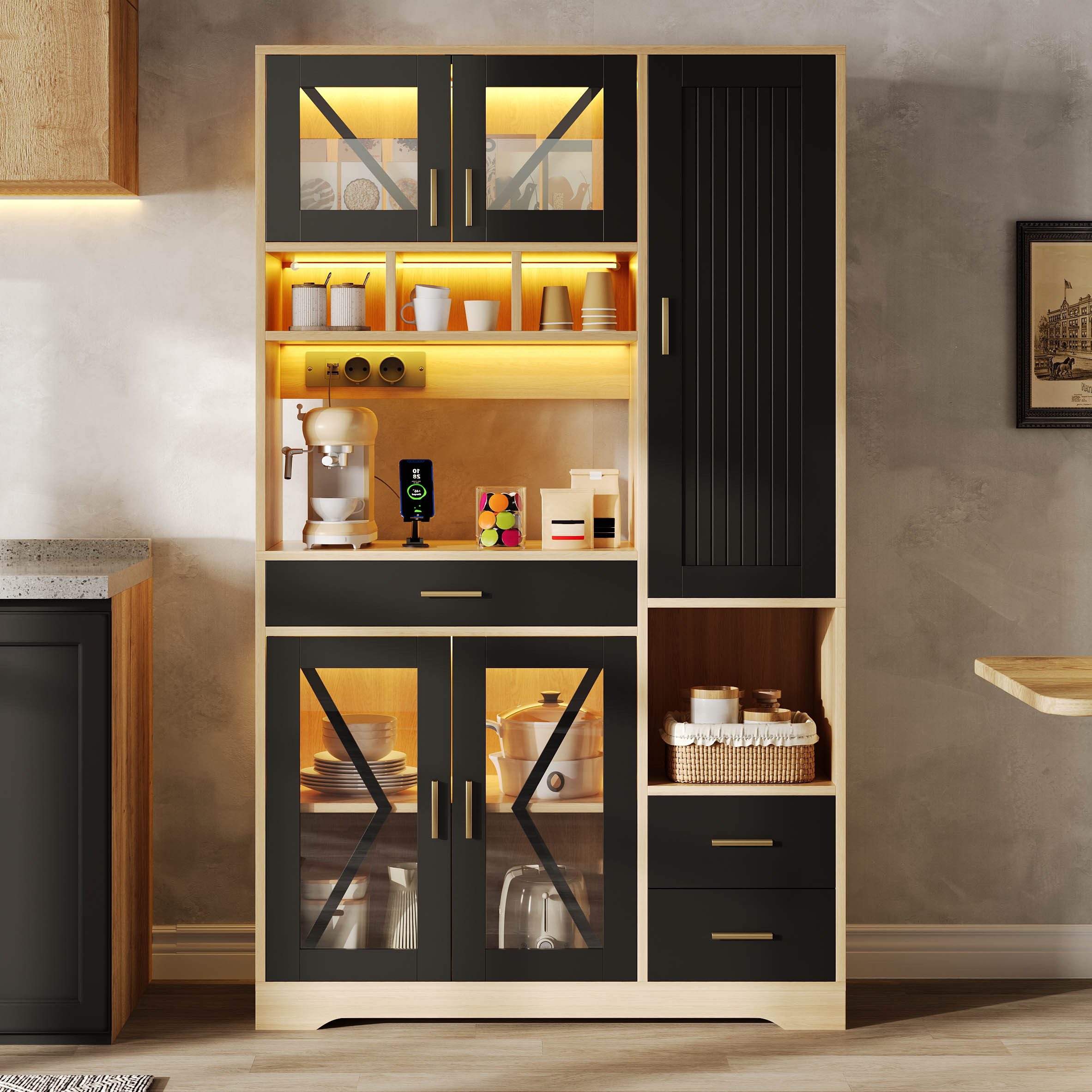 Celya Hochschrank Küchenschrank, hoher Aufbewahrungs- und Vitrinenschrank (mit 3 Schubladen, LED-Beleuchtung und Steckdosen) ideal für Küche, Esszimmer oder Wohnzimmer
