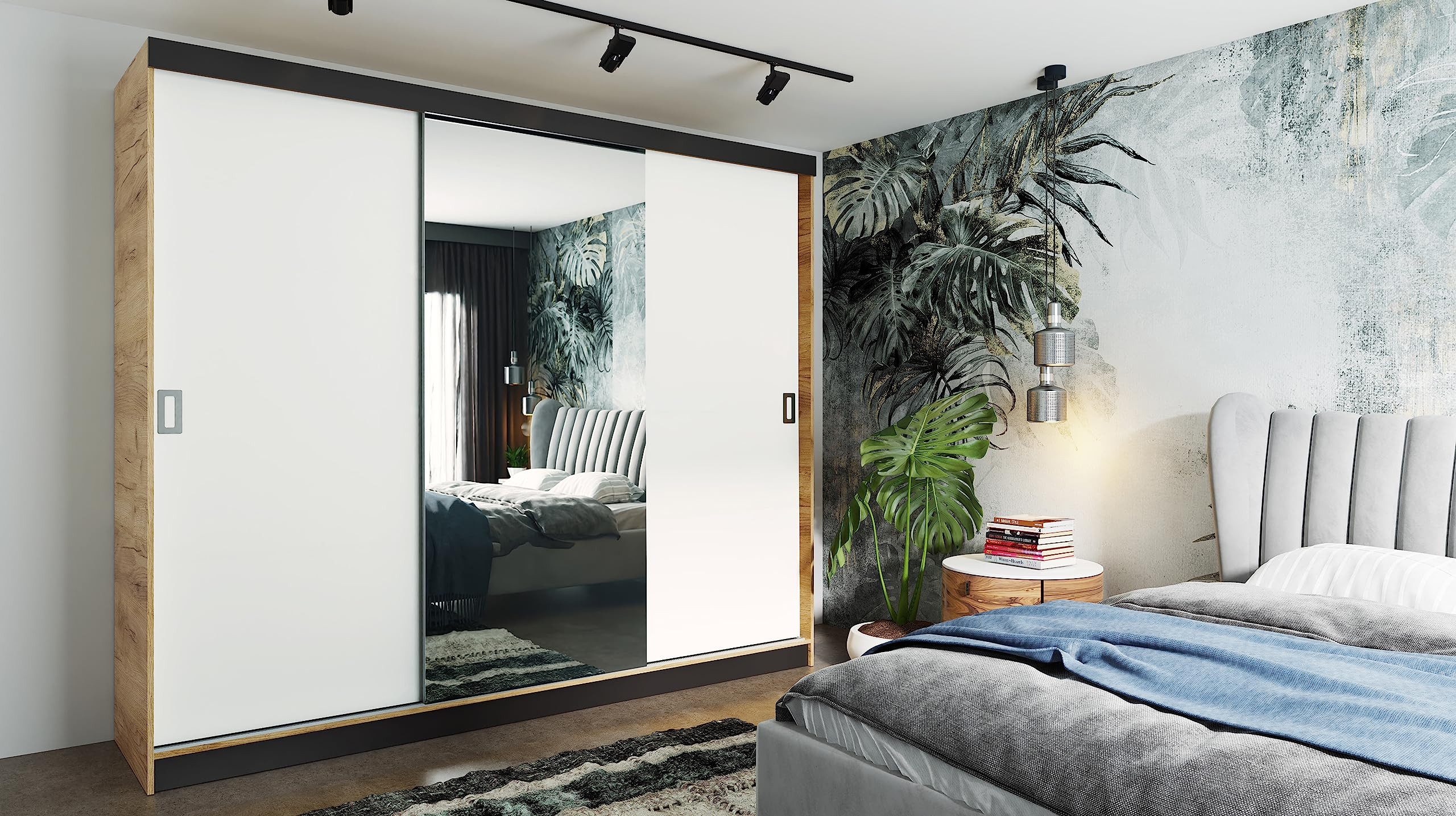 KIER FURNITURE Schwebetürenschrank Kleiderschrank RETRO, Schrank Garderobe Spiegel – 200x205x59 cm