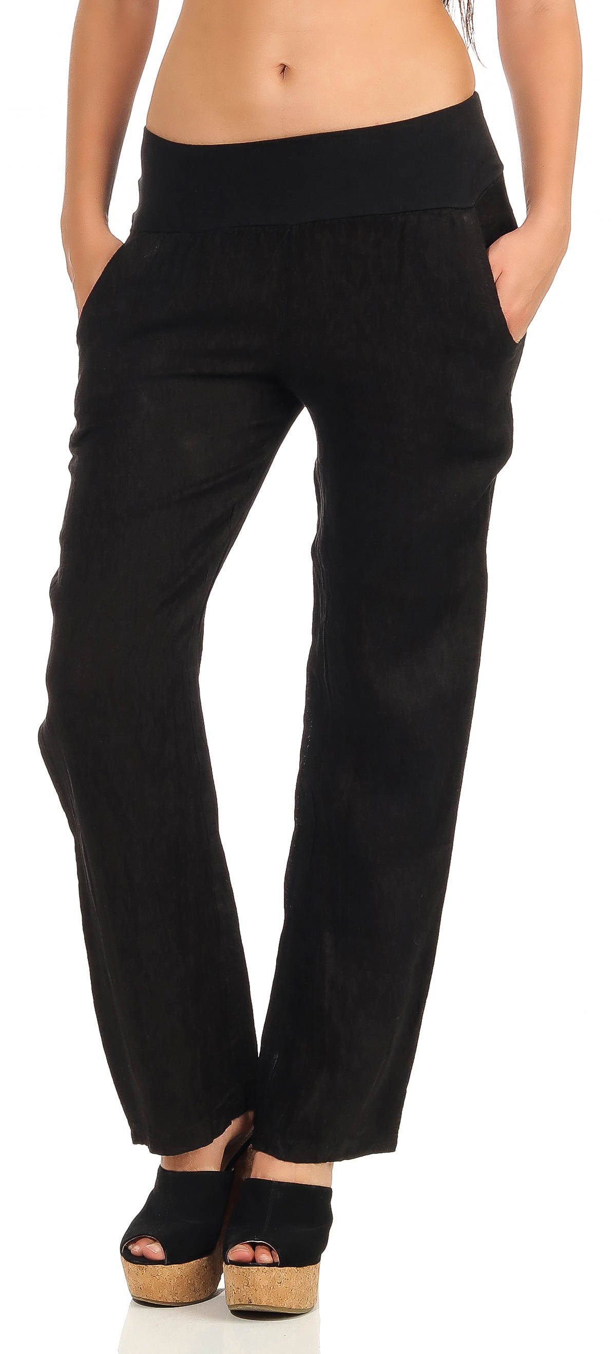 malito more than fashion Leinenhose 7792 leichte Stoffhose mit elastischem Bund schwarz | Weite Hosen