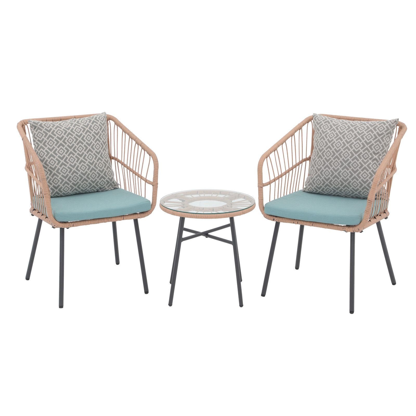 JOIVI Bistrostuhl Outdoor 3-tlg Bistro Set (Wetterfeste Rattan Gartensofa Set mit 2 Stühle und Beistelltisch), für Veranda, Garten, Balkon, Turquoise(Kissen)