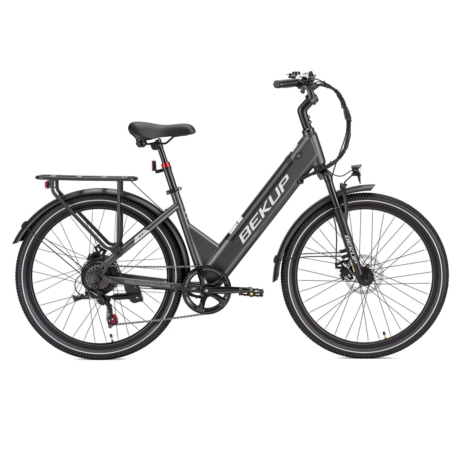 BEKUP E-Bike Cityrad V1 26 Zoll Cityrad, 522 Wh Akku, 45 Nm, Tiefeinsteiger, 7-Gang, 7 Gang Shimano Shimano Tourney TZ Schaltwerk, Kettenschaltung, Heckmotor, 522 Wh, (Komplettset, E-Bike inklusive Akku und Ladegerät), Entspannt pendeln – bis 75 km, Federgabel und Komfortsattel