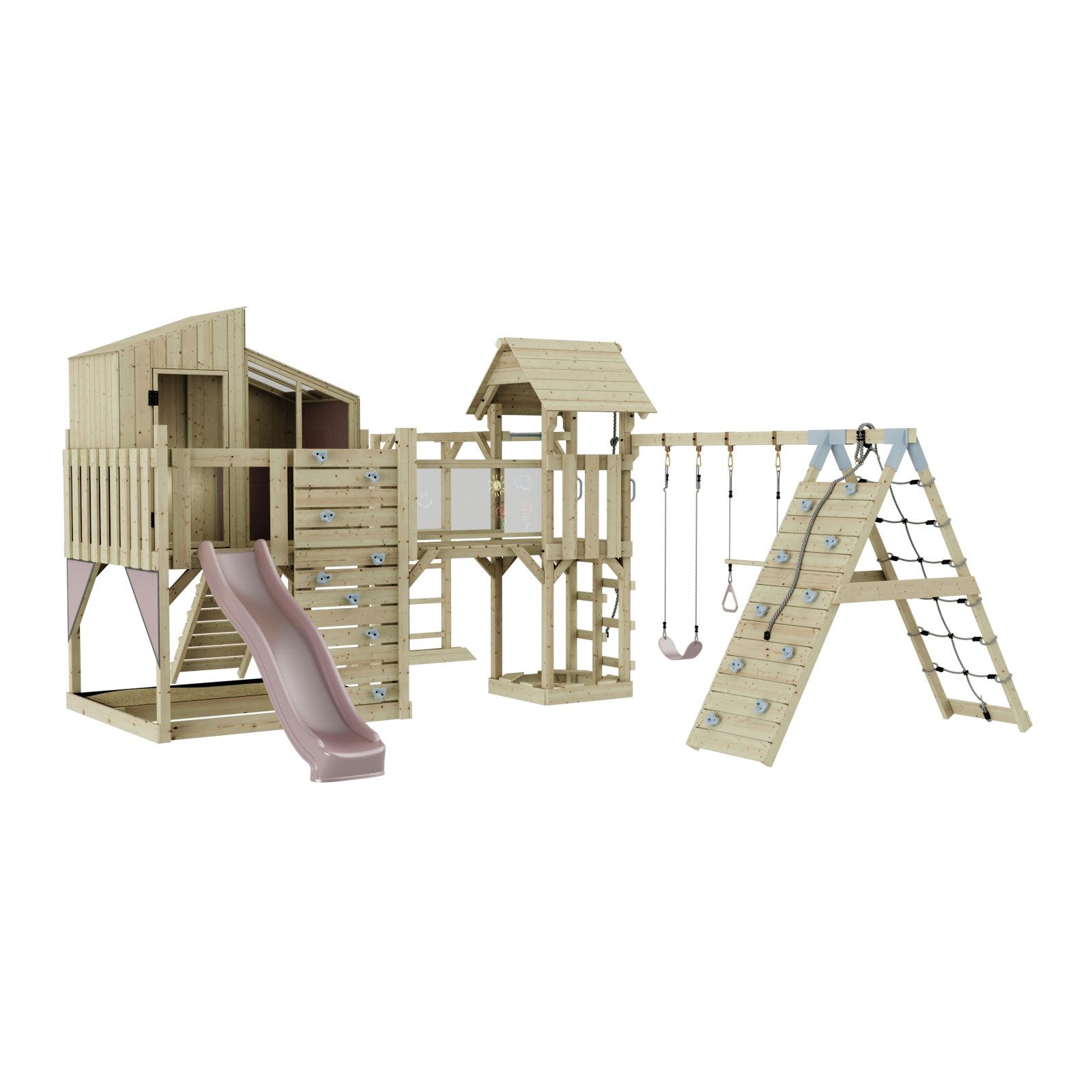 OutdoorToys Spielturm Gustav, aus Holz in Altrosa mit Trapezschaukel mit Rutsche, Kletterwand