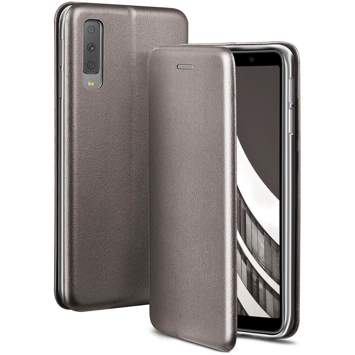 ONEFLOW Handyhülle für Samsung Galaxy A7 (2018) Premium Hülle Business Cover Grau 6 Zoll, 360 Grad Schutzhülle Flip Case Etui Klapphülle Dünn Leder Handy Tasche