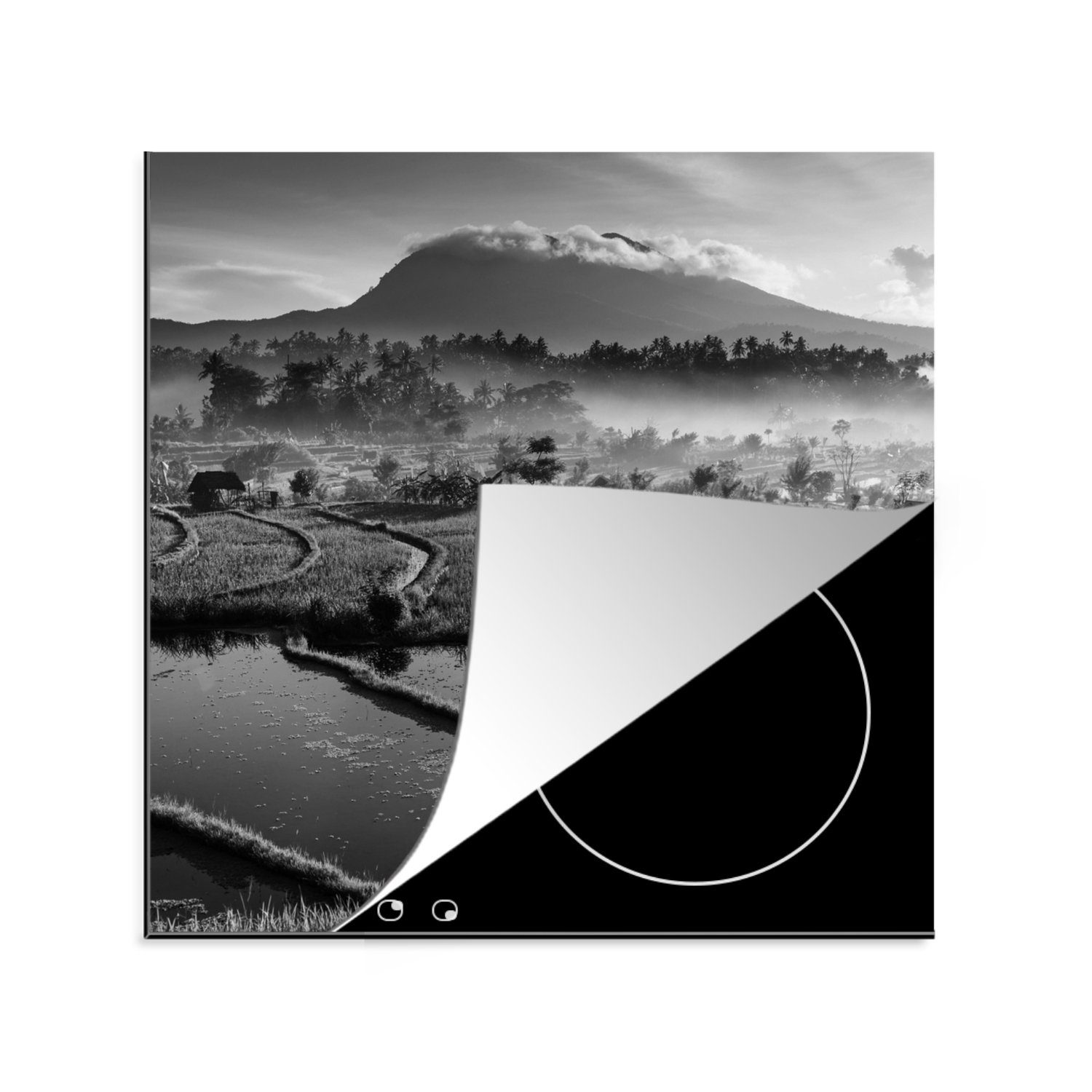 MuchoWow Herdblende-/Abdeckplatte Indonesien - Reis - Schwarz - Weiß, Vinyl, (1 tlg), 78x78 cm, Ceranfeldabdeckung, Arbeitsplatte für küche