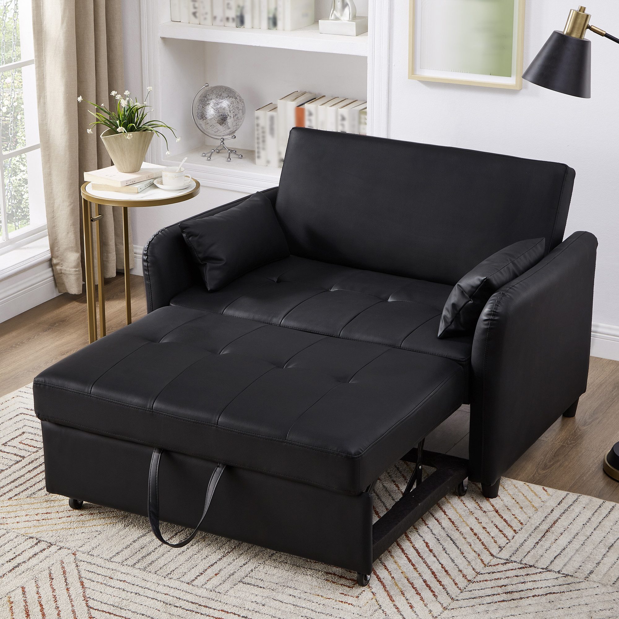 Merax Schlafsofa mit Schlaffunktion aus Kunstleder, 1 Teile, Ausziehbares Sofabett mit 3-fach verstellbarer Rückenlehne & 2 Kissen, Schlaf Couch