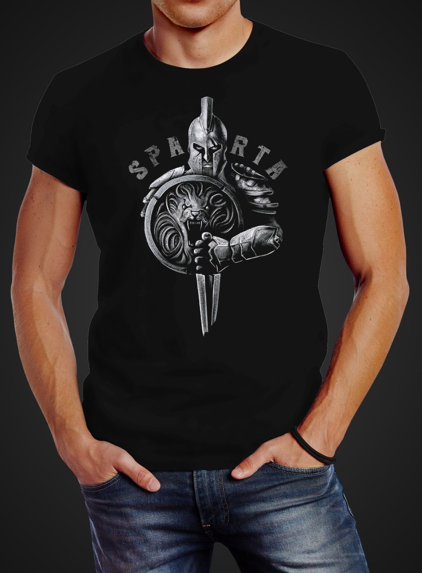 T-Shirt Sparta Warrior Aufdruck Neverless® Fashion Herren Neverless Schild Streetstyle mit Krieger Print Spartaner-helm Löwe Schwert Print-Shirt