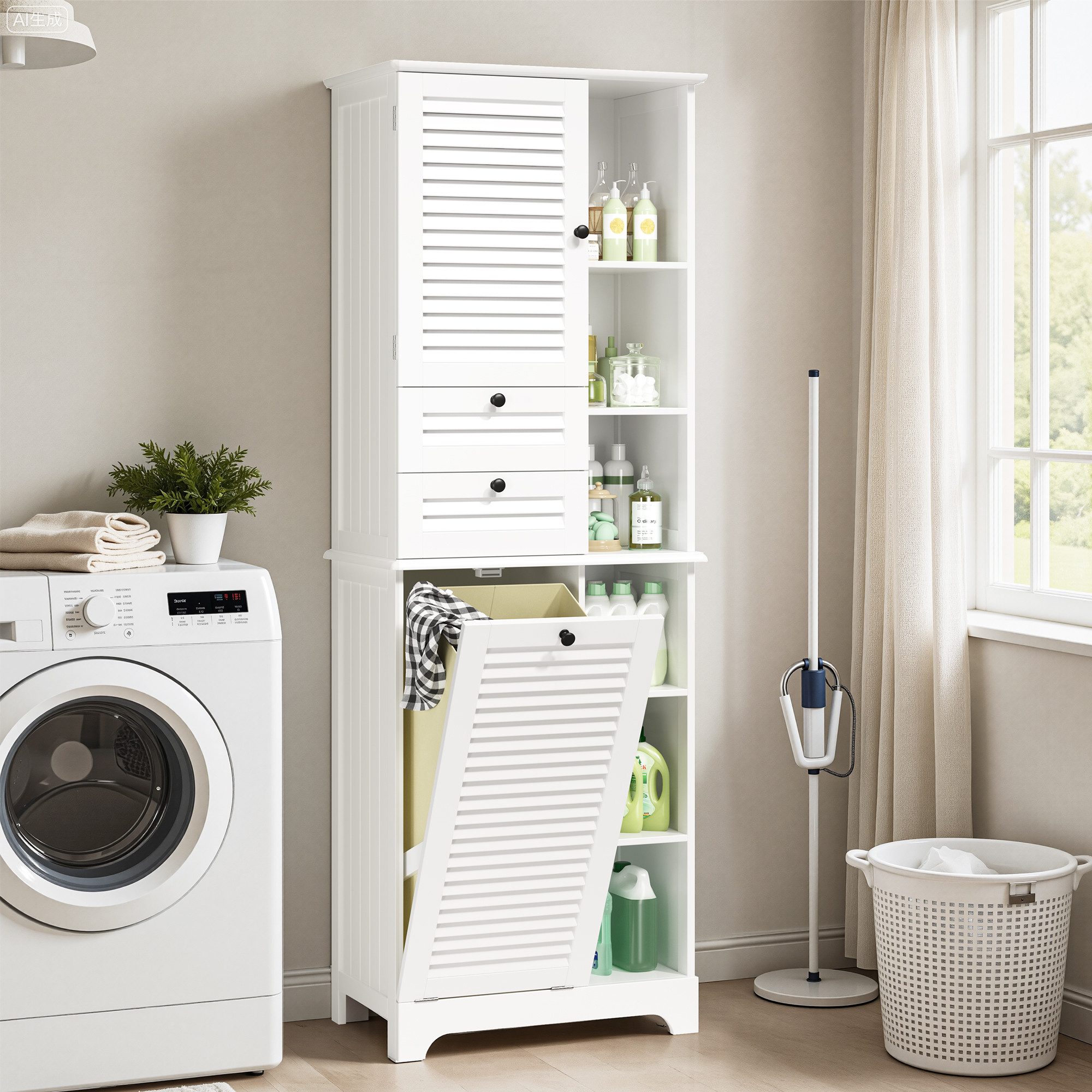 Bealife Badkommode Badezimmerschrank mit ausklappbarem Wäschekorb