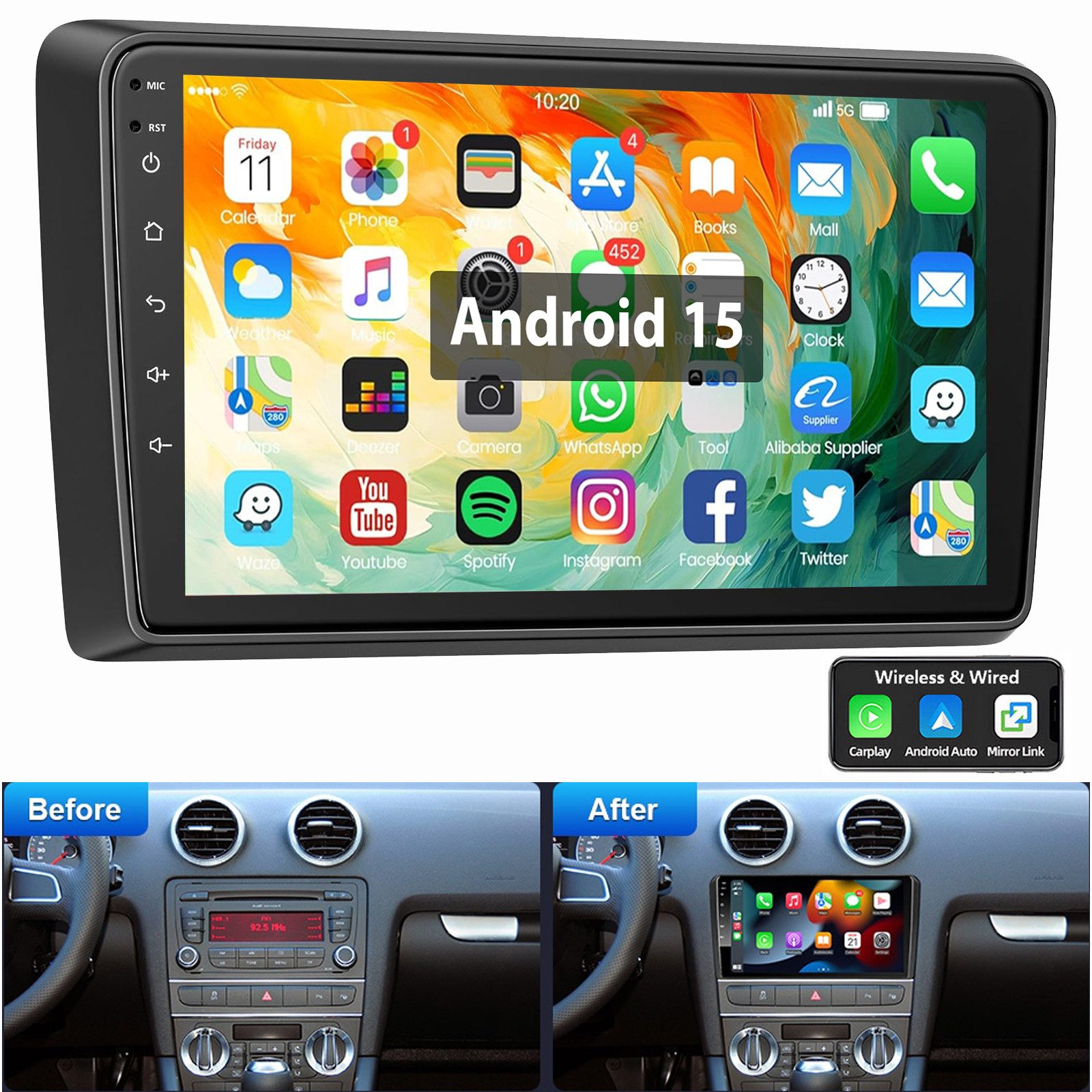 ESSGOO Für AUDI A3 8P 2003-2012 Android 15 Carplay GPS Navi Autoradio (RDS, Digitalradio (DAB), FM, AM, 2 DIN Carplay Bluetooth Navigationsgeräte Rückfahrkamera(optional)
