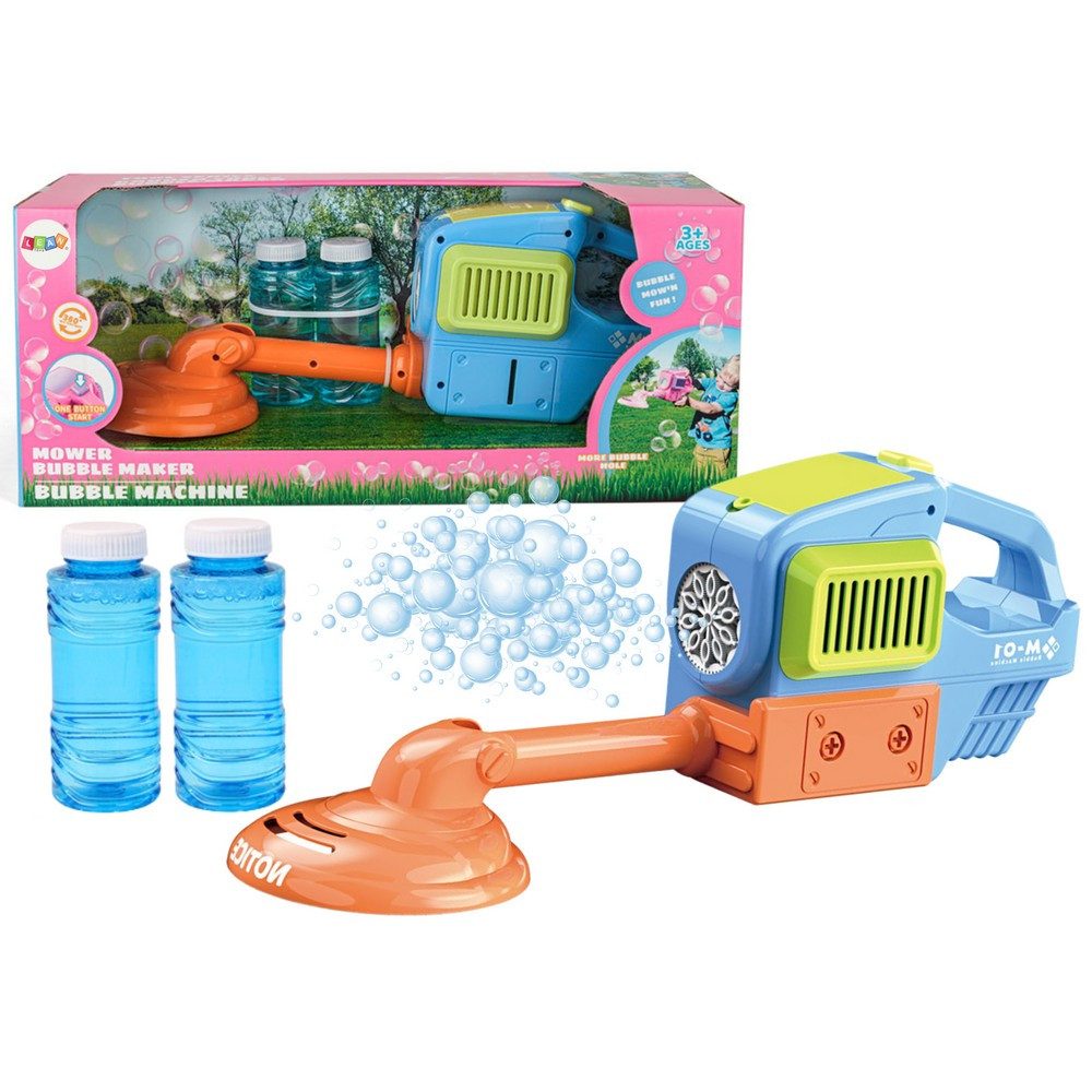 LEAN TOYS Seifenblasenmaschine Seifenblasenspielzeug Spielzeugtrimmer Gartenspaß, 2 Seifenblasenflüssigkeiten, Trimmer-Optik, ab 3 Jahren