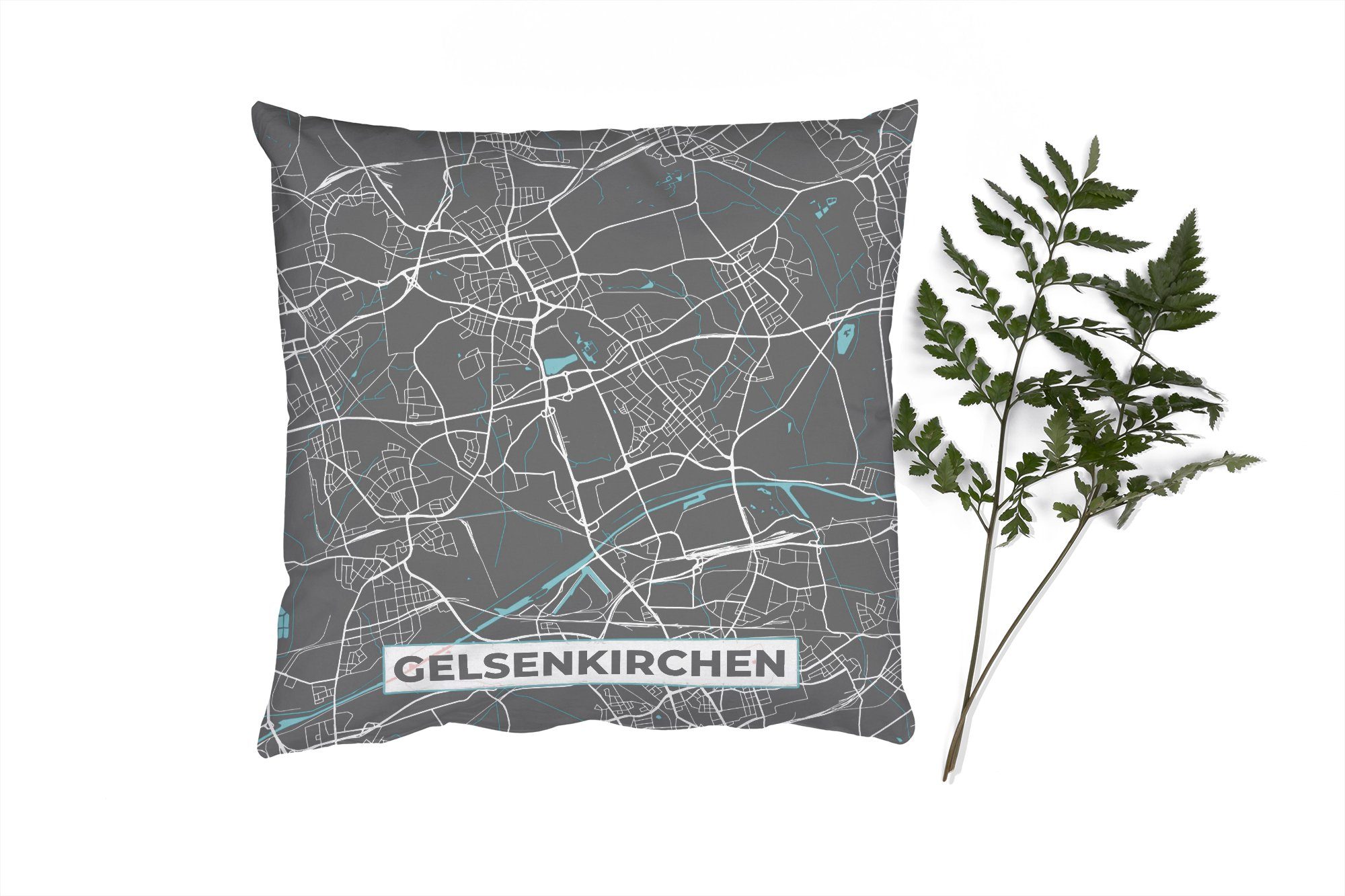 MuchoWow Dekokissen Stadtplan - Gelsenkirchen - Deutschland - Karte, Zierkissen mit Füllung für Wohzimmer, Schlafzimmer, Deko, Sofakissen