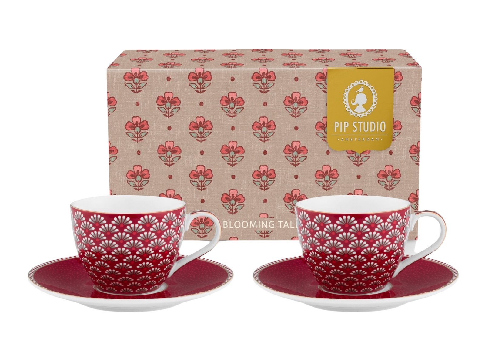 PiP Studio Espressotasse Blooming Tales Dark Red Espressotasse mit Untertasse 0,12l Set2, Porzellan