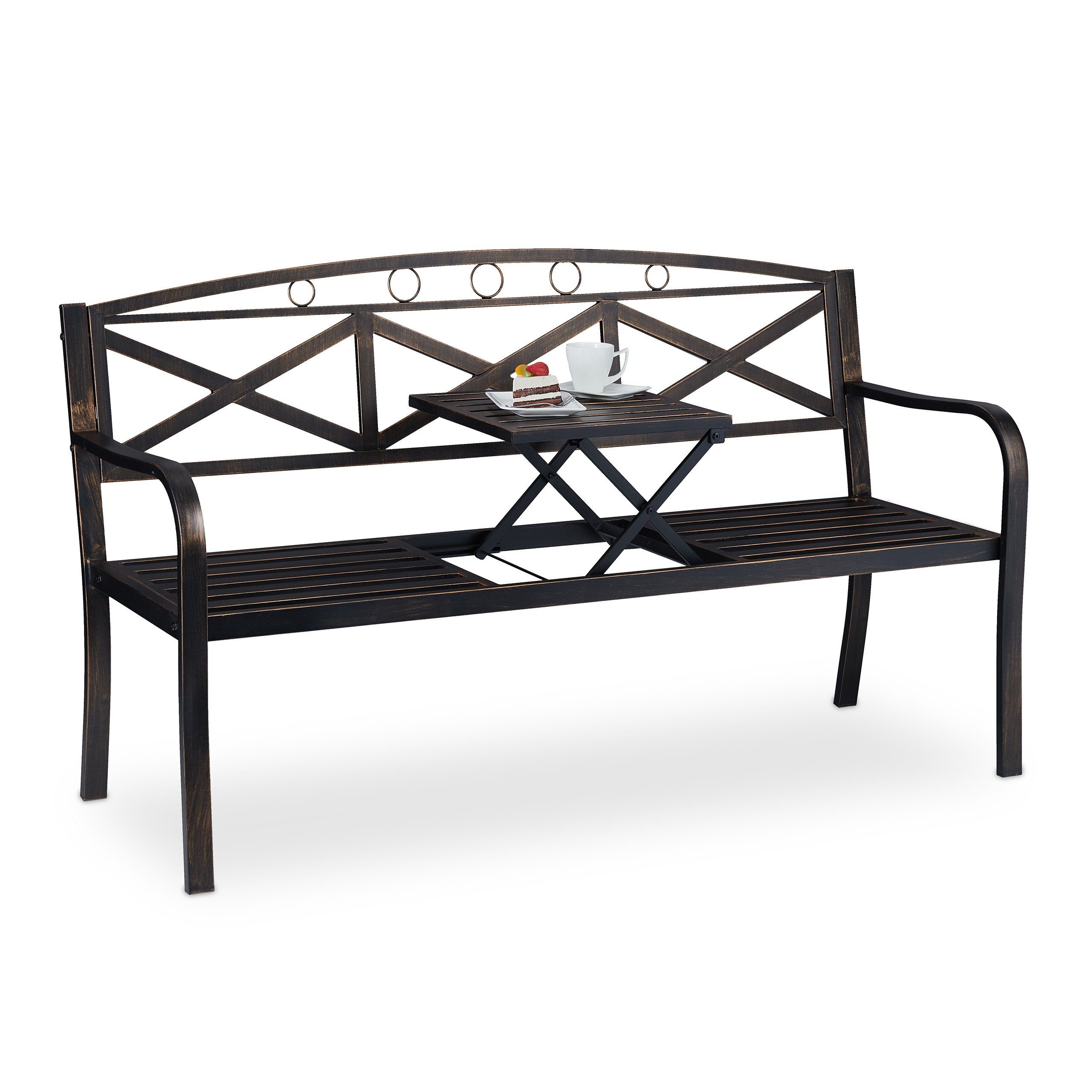 relaxdays Gartenbank Metall Gartenbank mit Klapptisch, SchwarzBronze