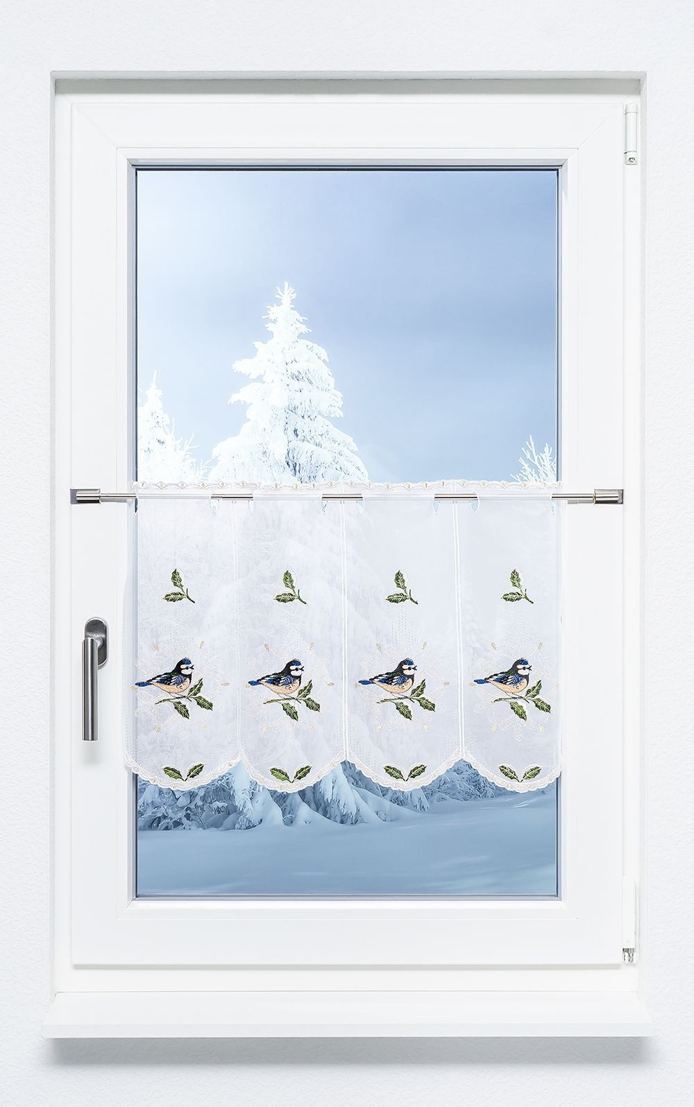 Plauener Spitze® Scheibengardine Blaumeise Schneeflocke (1 St), transparent günstig online kaufen