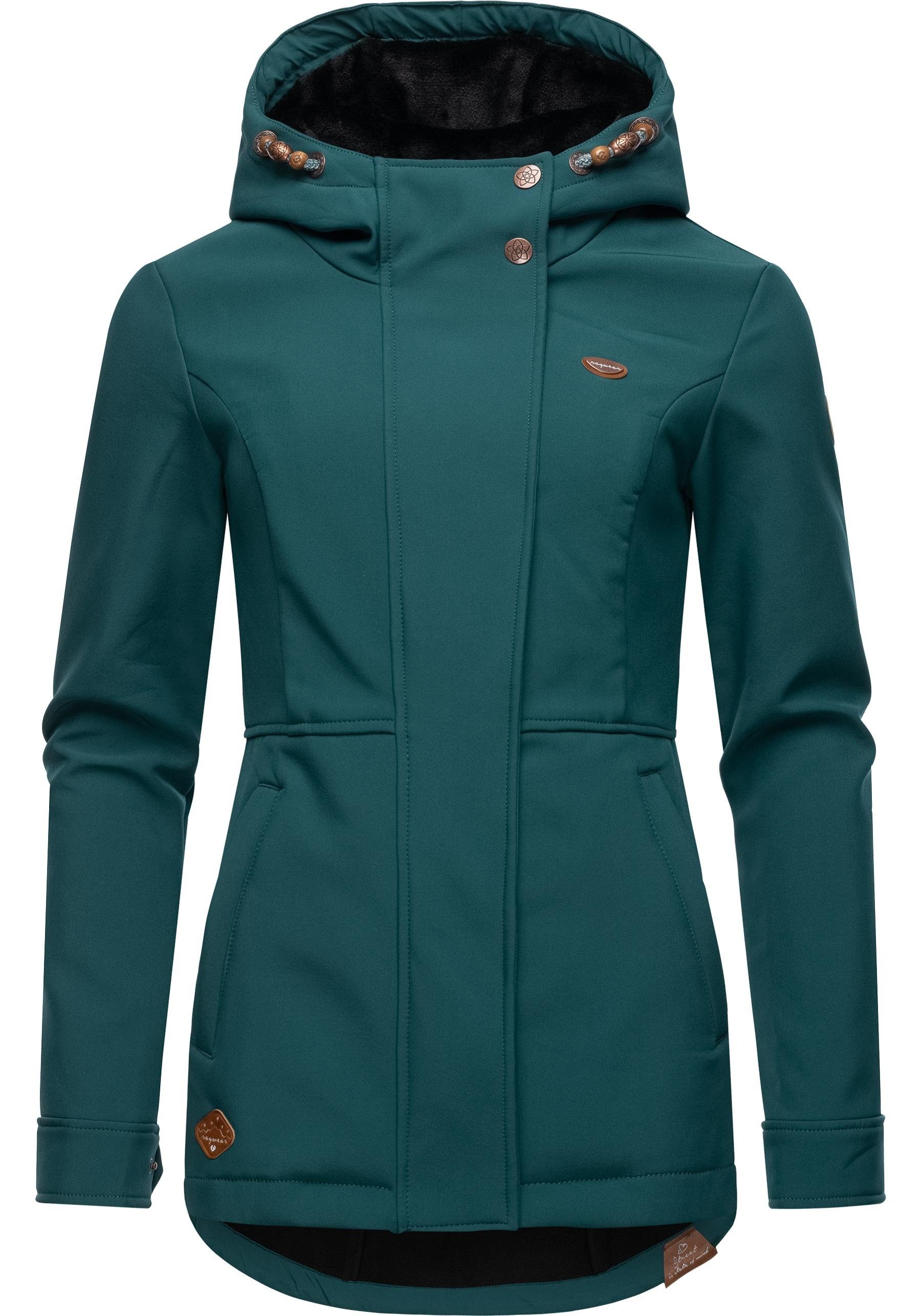 Damen Outdoorjacke Softshelljacke flaschengrün mit Yba Ragwear Kapuze sportliche