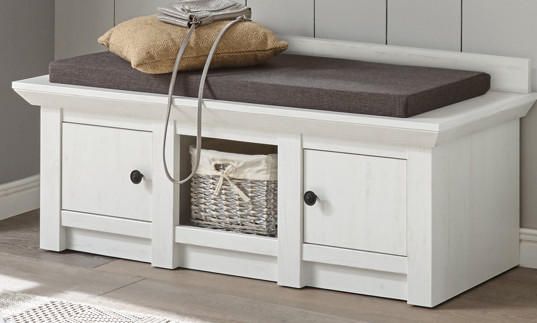 Furn.Design Bank Hooge (Garderobenbank in Pinie weiß Dekor Landhaus, 124 x 42 cm), mit Stauraum