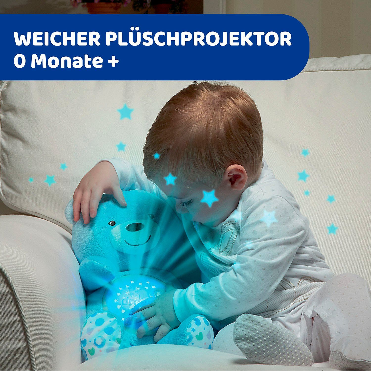 Chicco Kuscheltier First Dreams Baby Bär, Hellblau, mit Lichtprojektion und Soundfunktion – Bild 2 von 5