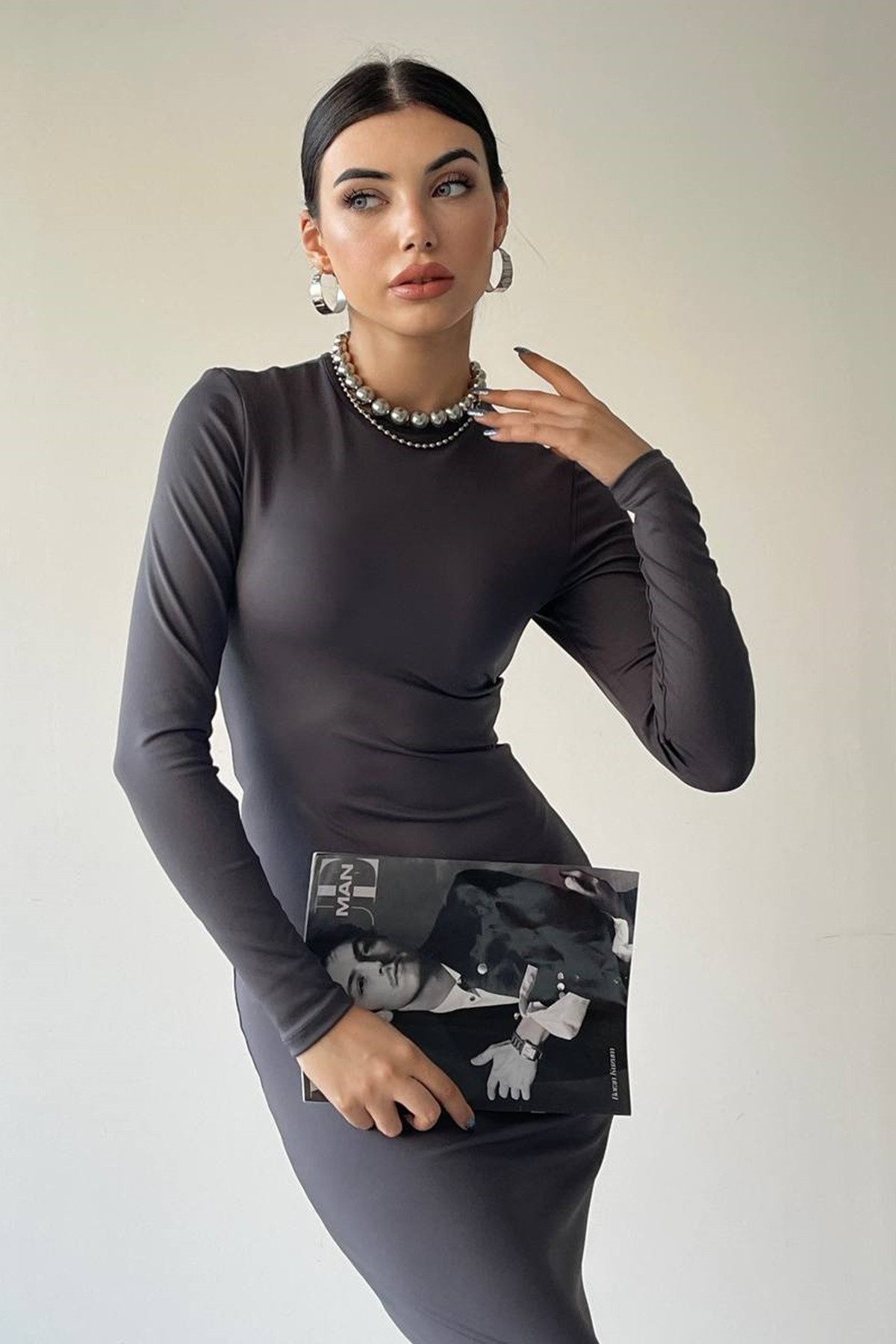 WOMAN VISION Abendkleid Damen Stretch Smoky Grau Sandy Stoff Langarm Midi A günstig online kaufen