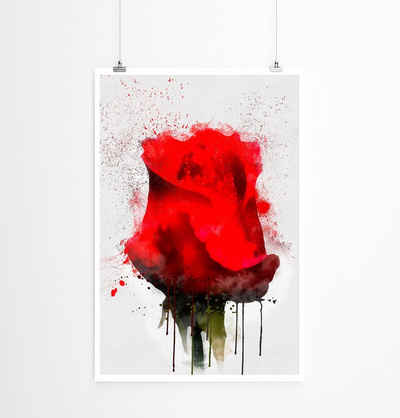 Sinus Art Poster 90x60cm Poster Illustration - Knallrote Rose im Splash Art Stil