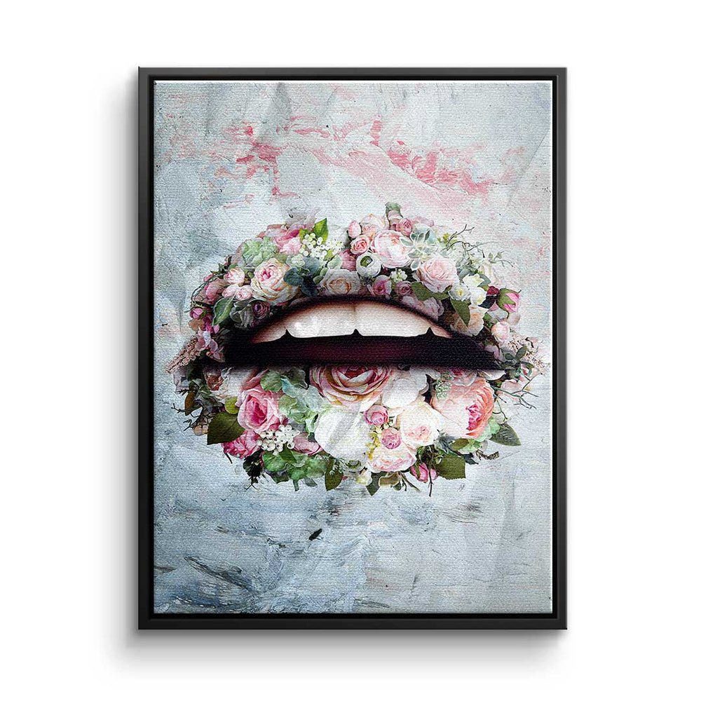 Art - Premium Flowers modernes goldener Leinwandbild & - Wandbild Pop Rahmen - DOTCOMCANVAS® Lips Leinwandbild,