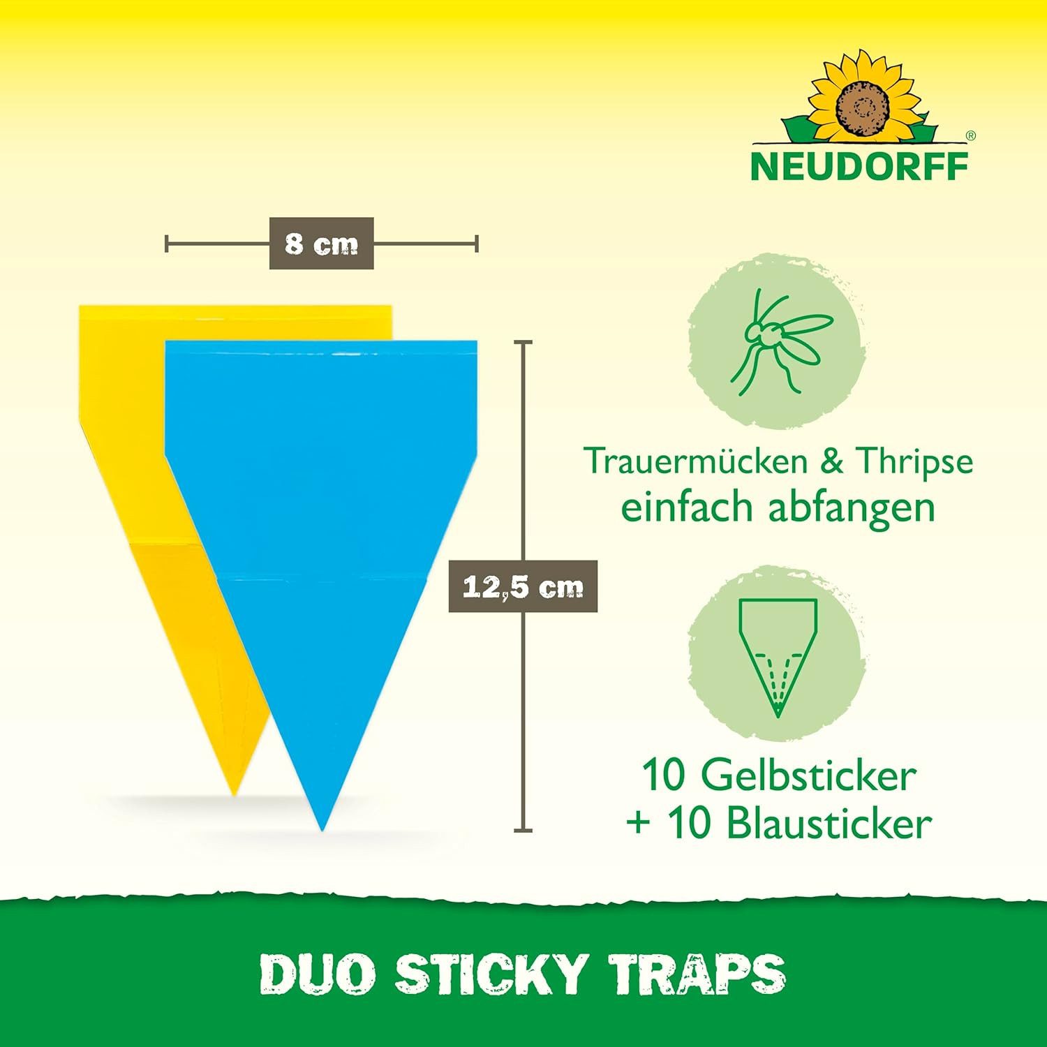 Neudorff Insektenfalle Duo Sticky Traps je 10 Gelbsticker und Blausticker, Gelb- und Blausticker mit Farbwirkung gegen Pflanzenschädlinge