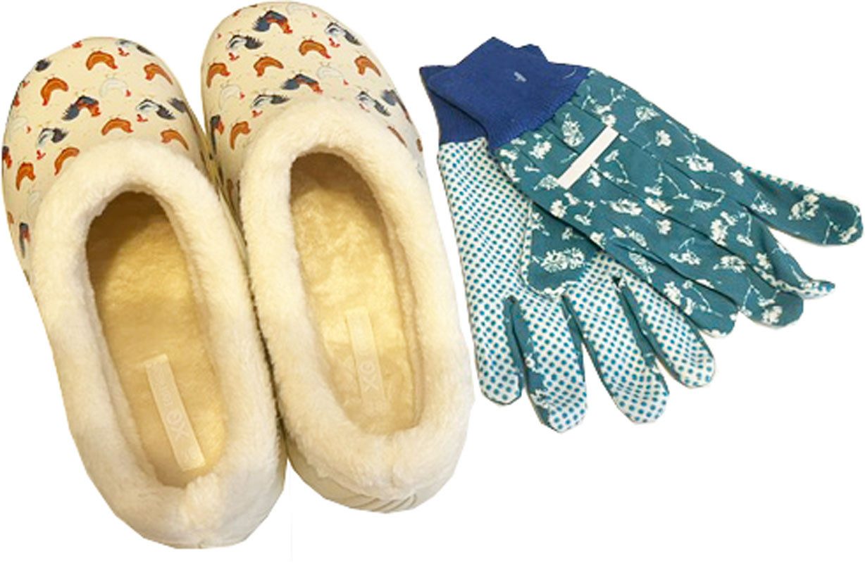 Steinnacher Bärbel Angro Damen Gartenclogs Hühner mit Fell mit Gartenhandschuhen Clog
