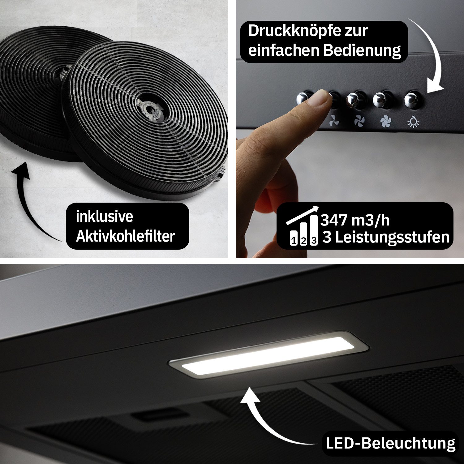 KKT KOLBE Wandhaube Dunstabzugshaube 60cm DELTA350S 60cm / Schwarz / Wandhaube / Abzugshaube / Druckknopf / 3 Stufen / LED – Bild 4 von 5