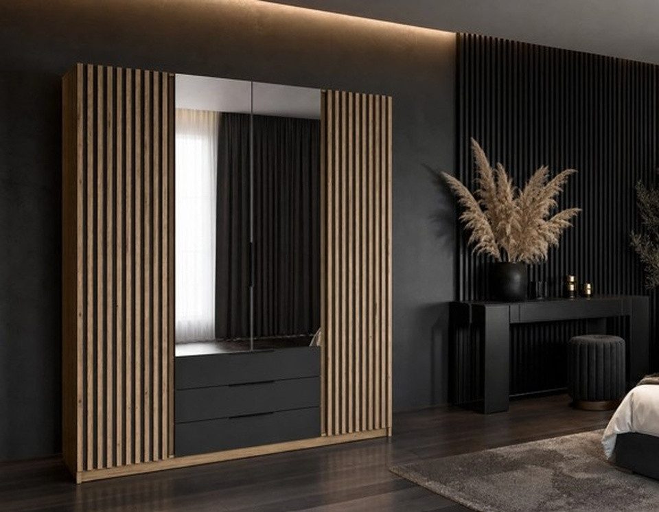 COMBO Drehtürenschrank 200x239cm 4 Spiegeltüren Schwarz Wotan Eiche Schlafzimmer (4 Drehtüren mit Spiegel Kleiderstangen Regalböden) Spiegeltüren Schwarz Eiche Dark Luxury modern stilvoll