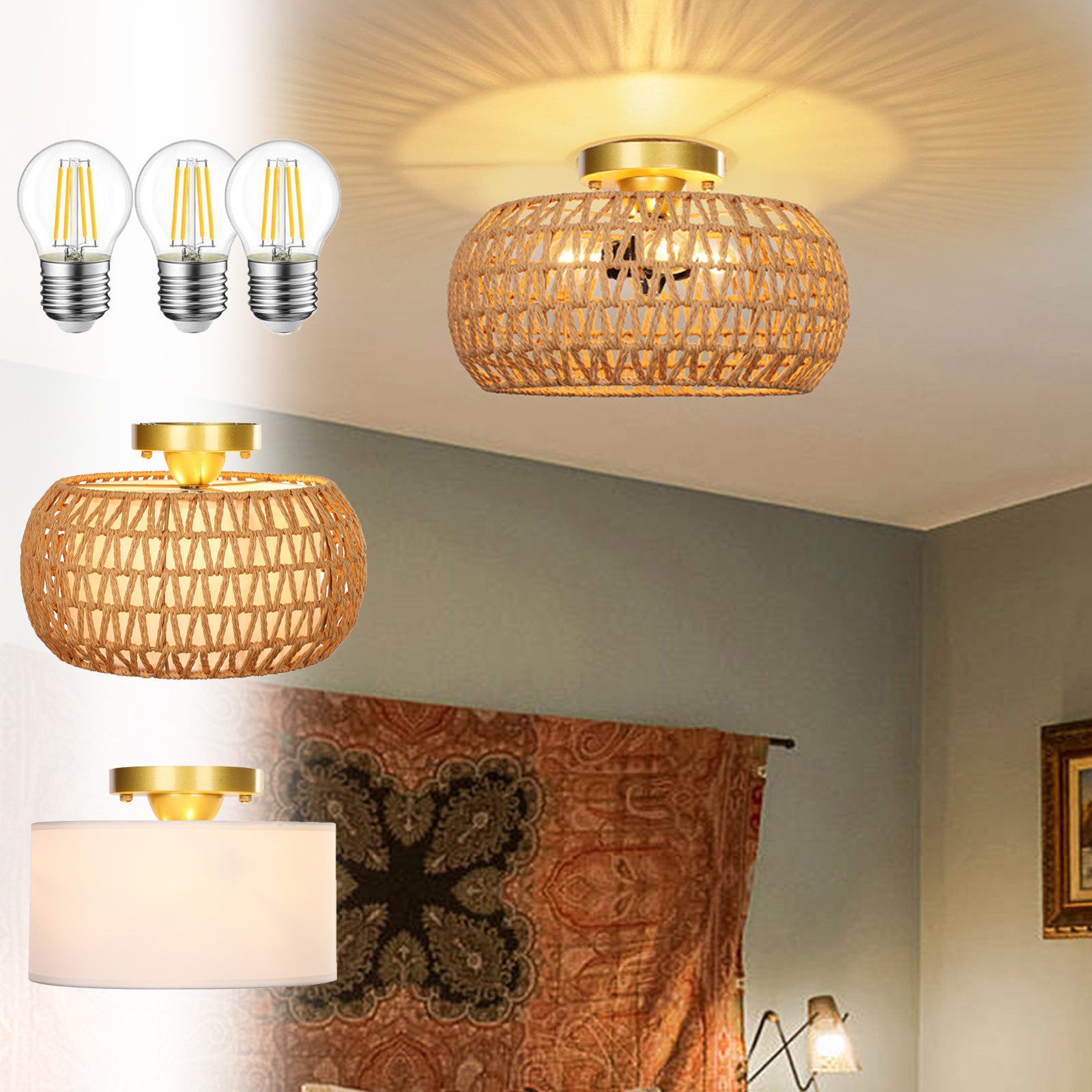 MUPOO LED Deckenleuchte Boho-Rattan Deckenleuchte Landhausstil Kronleuchter günstig online kaufen