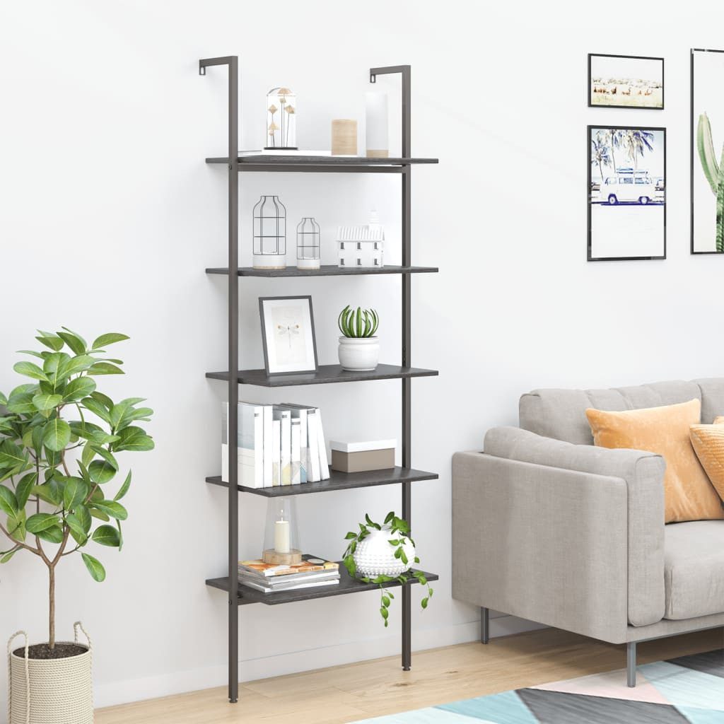 furnicato Bücherregal Anlehnregal mit 5 Ablagen 64x35x185 cm Schwarz Stahl & Massivholz, 1-tlg.