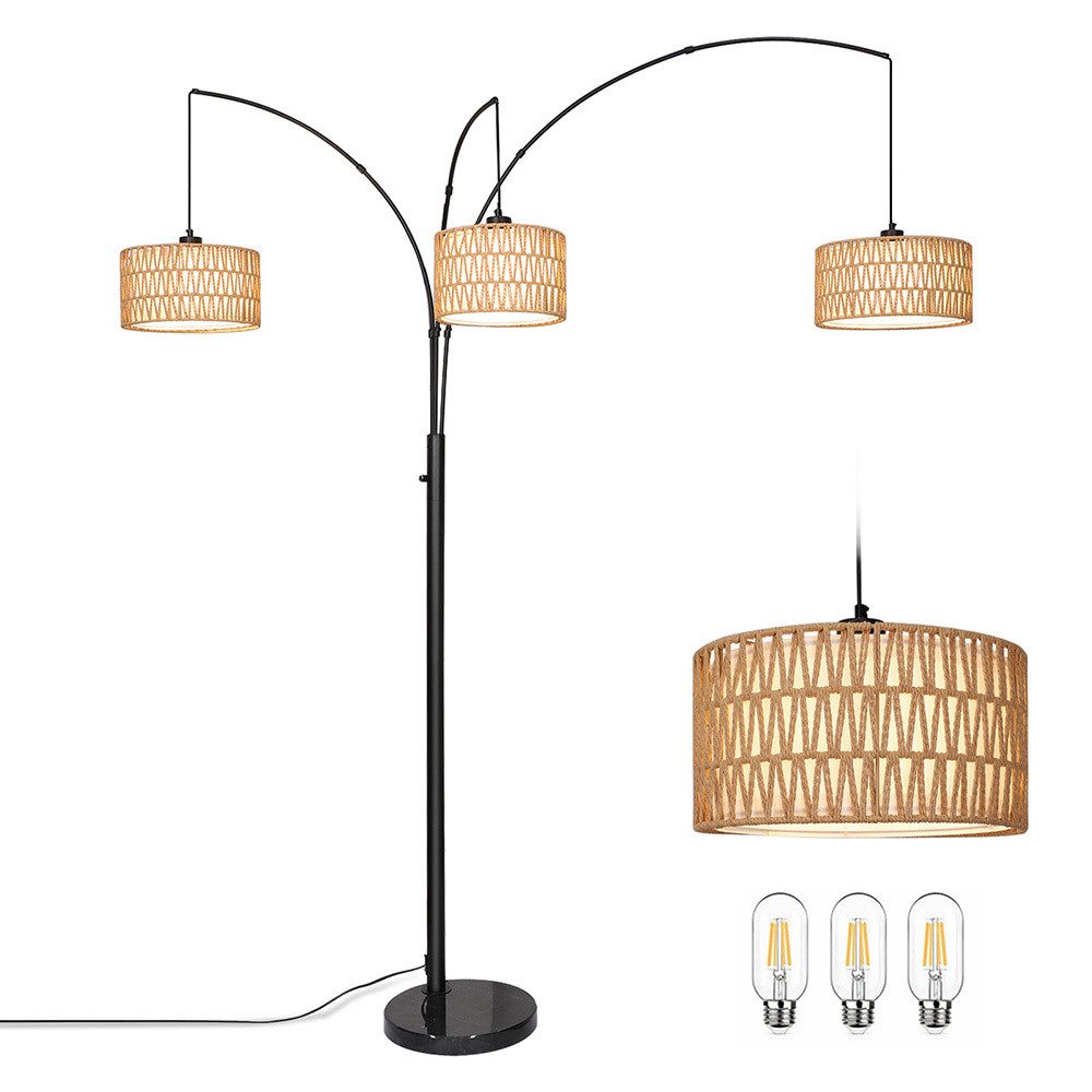 LED Stehlampe Rattan Stehleuchte LED Gewölbte Verstellbare Bogenlampe mit 3Glühbirne