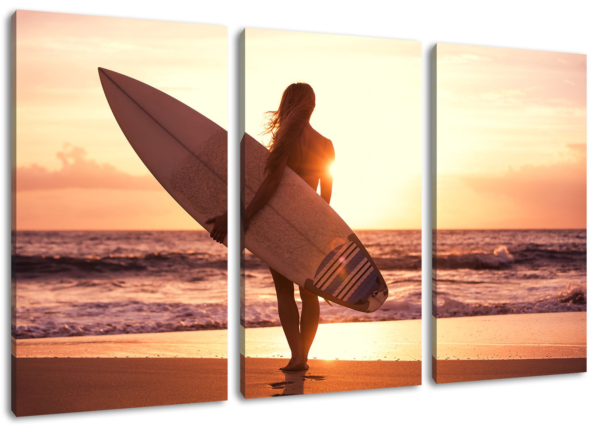 Pixxprint Leinwandbild Surferin vor Sonnenuntergang, Surferin vor Sonnenuntergang 3Teiler (120x80cm) (1 St), Leinwandbild fertig bespannt, inkl. Zackenaufhänger