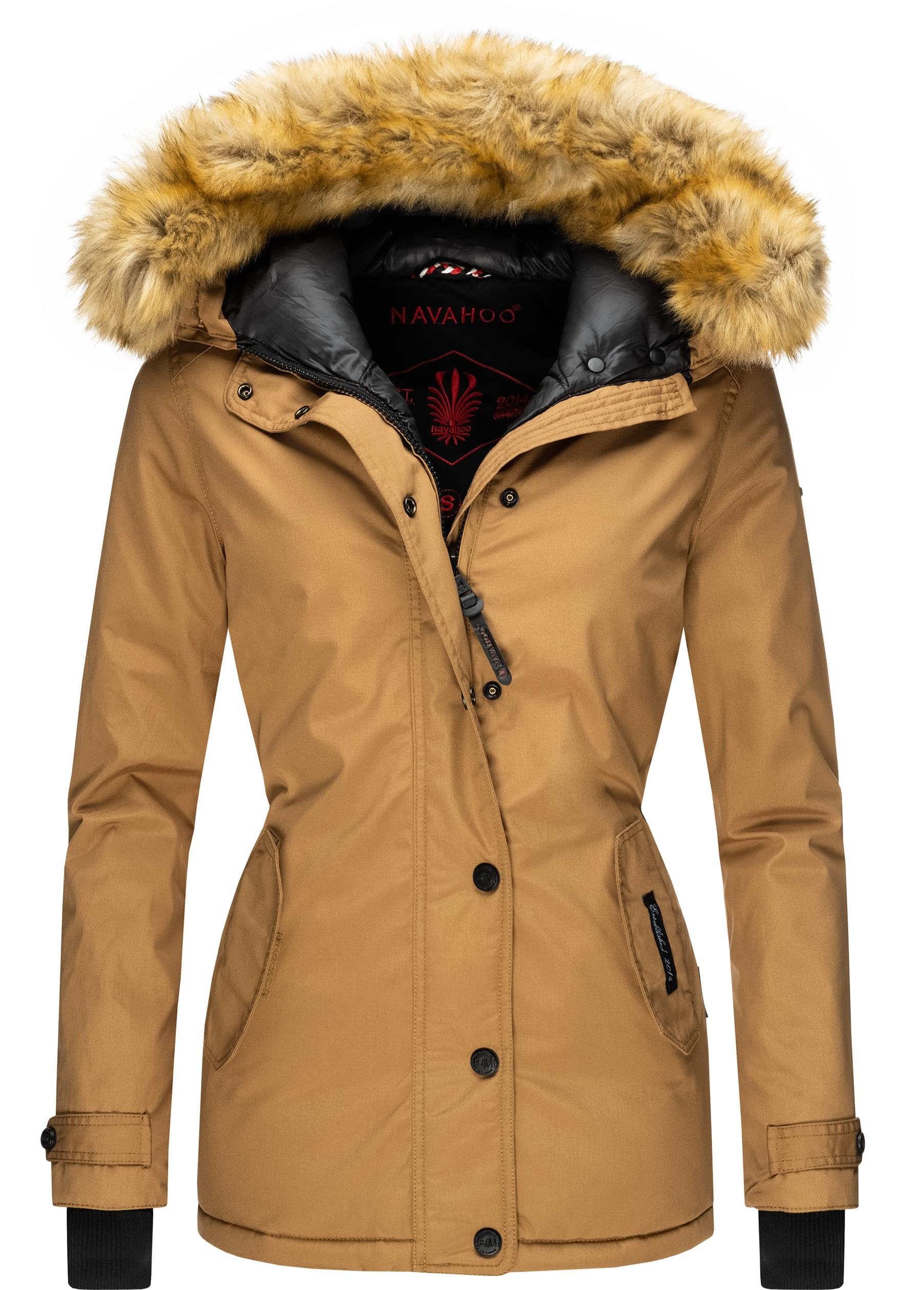 Navahoo Winterjacke Laura edler Parka mit Kunstfell-Kapuze camelfarben