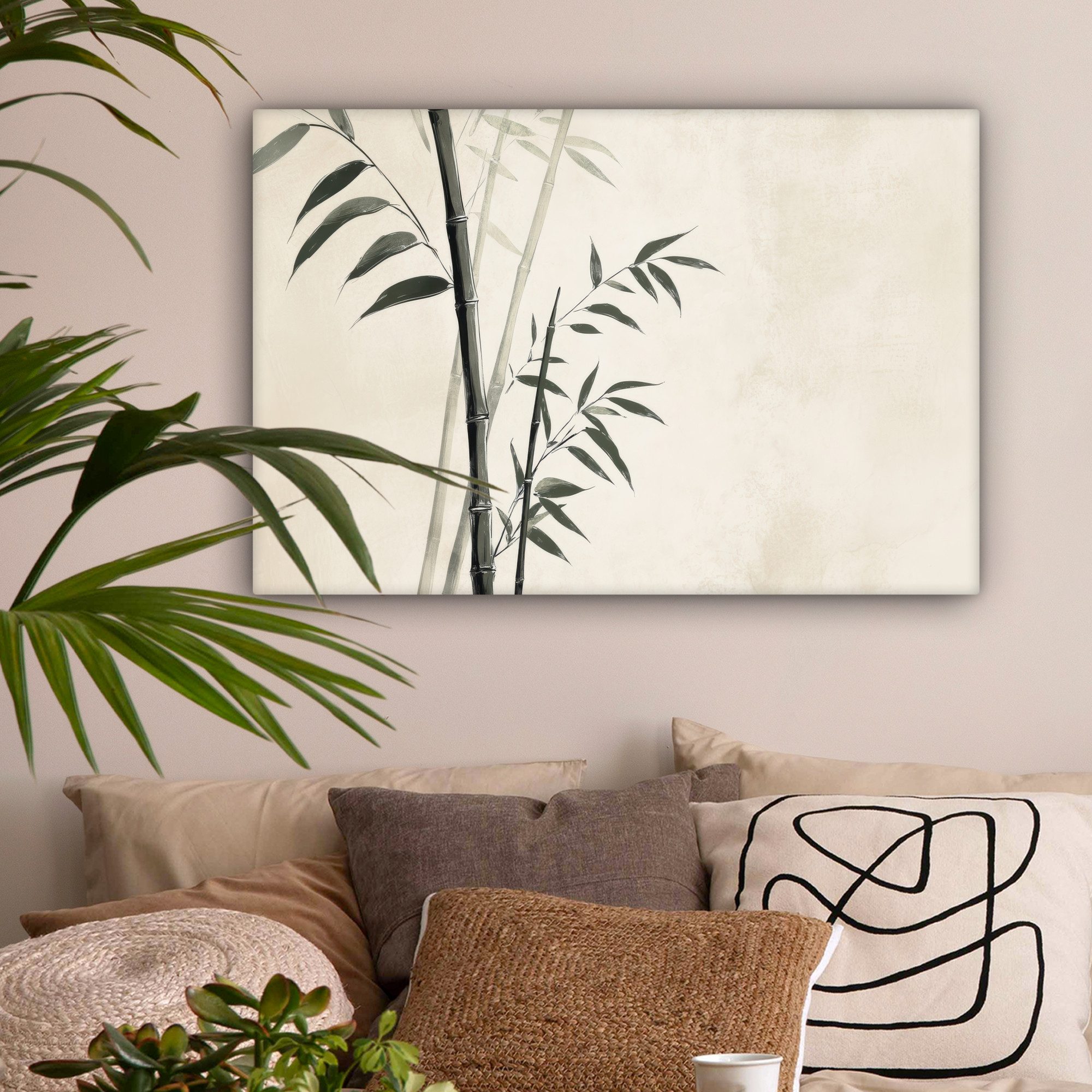 OneMillionCanvasses® Leinwandbild Japandi - Bambus - Beige, Fotodruck (1 St), Leinwände Wanddeko Wohnzimmer Schlafzimmer 60x40 cm