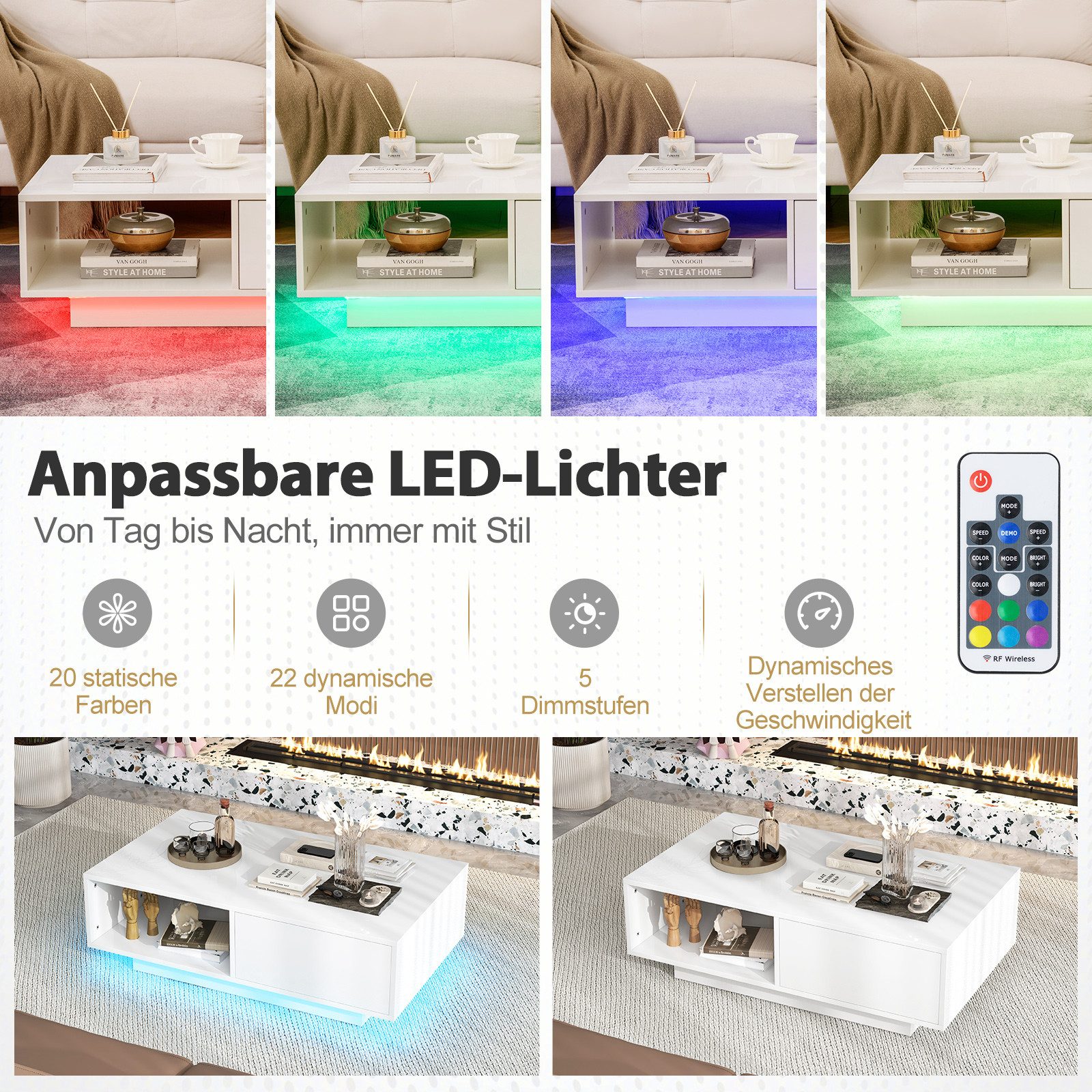 COSTWAY Couchtisch, mit 20 Farben LED-Beleuchtung, Fernbedienung, Schublade