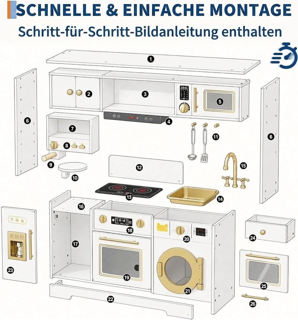 GarveeMore Spielküche Kinderküche aus Holz,Rollenspiel Kinder-Küchenset, Rollenspiel-Küchenset mit Realistische Lichter & Geräusche