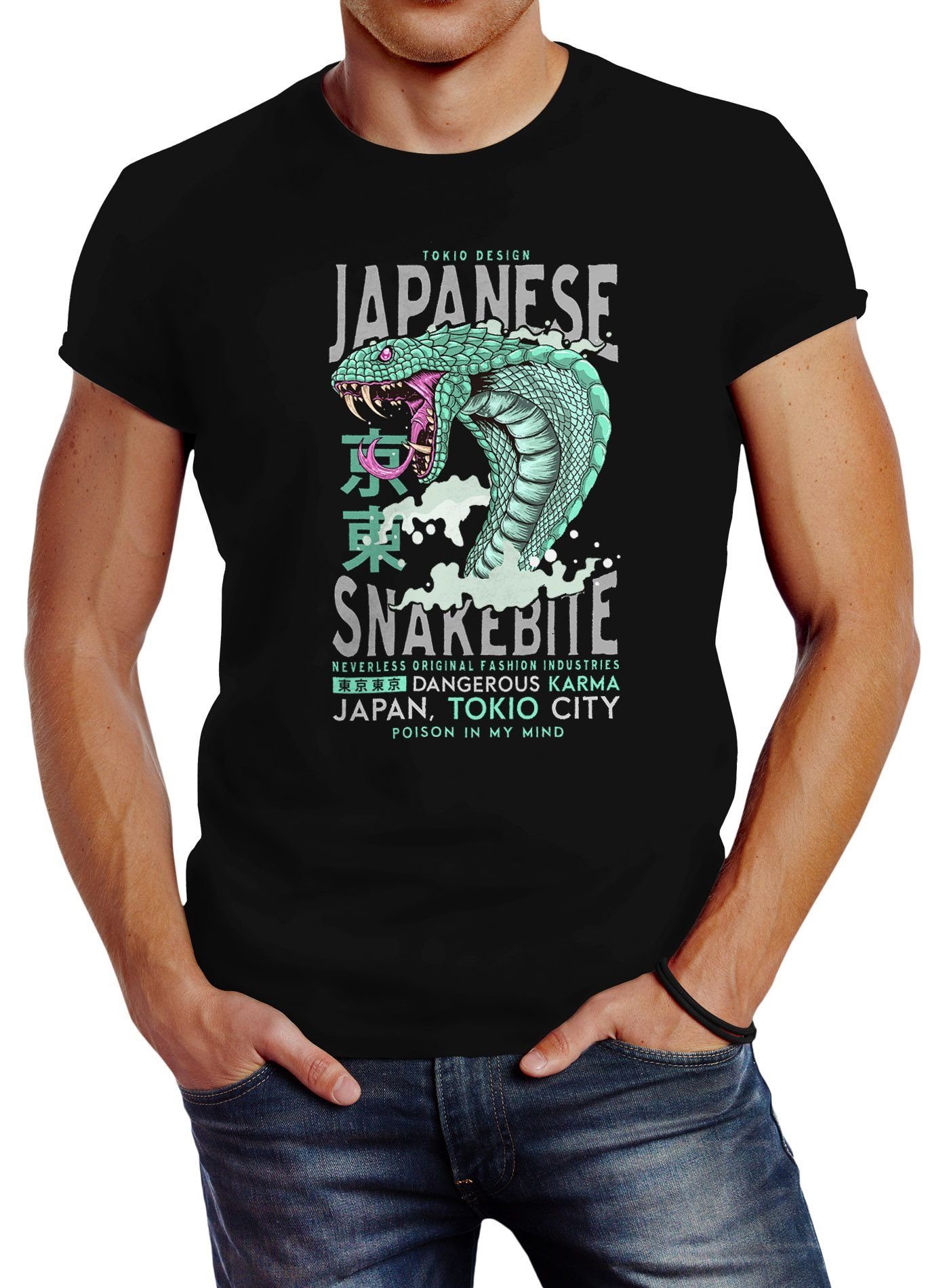 Neverless Print-Shirt Herren T-Shirt Japanese Slim Neverless® Fit Cobra Motiv-Print shirt Style Snakebite mit Tattoo Kobra Print Graffiti