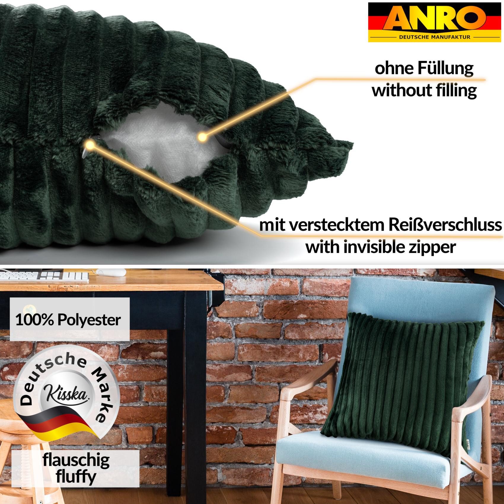 Kisska Dekokissen LILLI BIG CORD Velour Ambiente dekorieren, Kissenüberzug ohne Füllung BIG-Cord UNI 40x40cm Einfarbig Smaragd