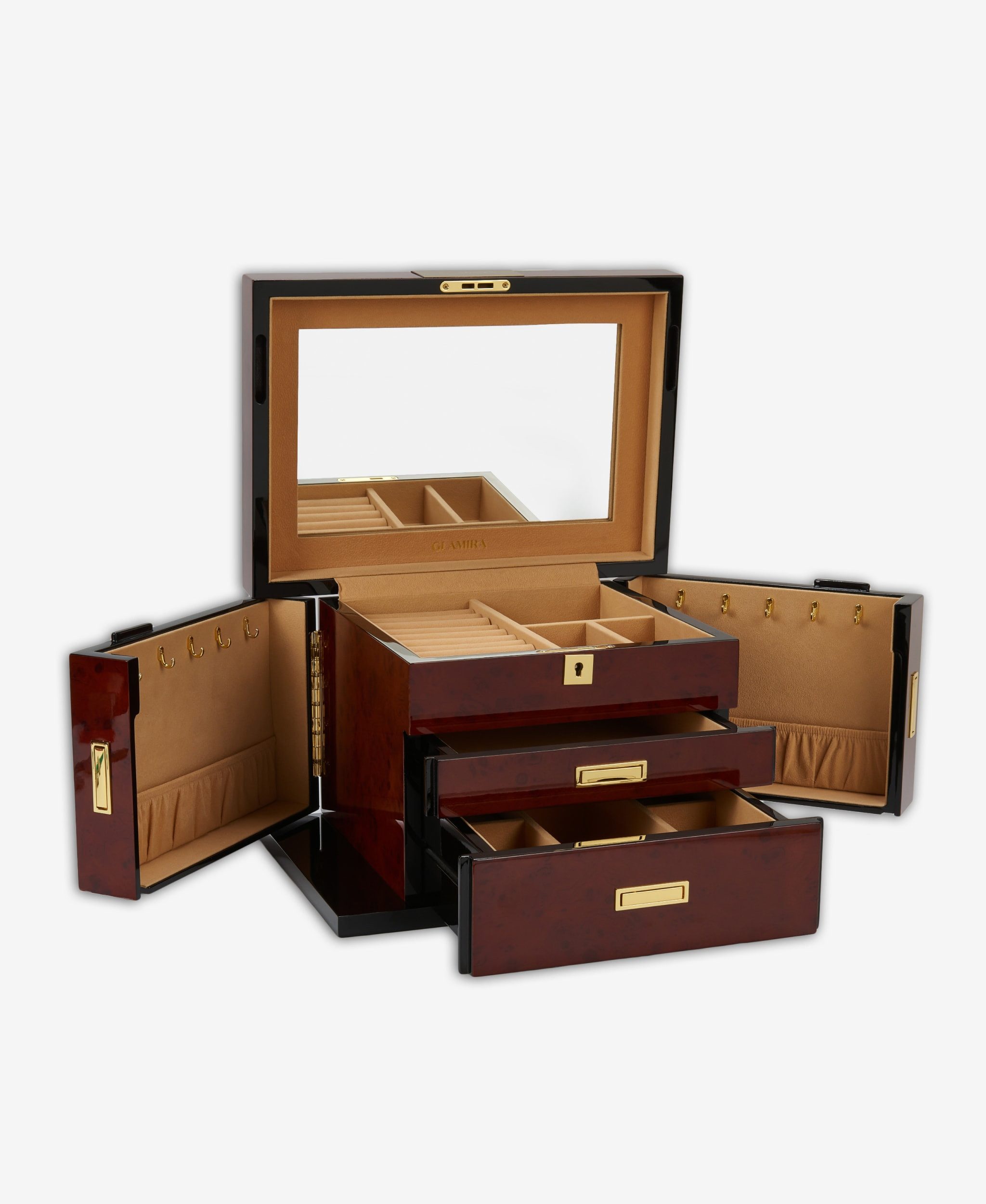 GLAMIRA Schmuckkasten Majestic Vault Beige Schmuckschatulle mit Schloss (1 St., 1-tlg), mit Schloss, Holzseitentüren, mehreren Schubladen, Samt-Innenfutter
