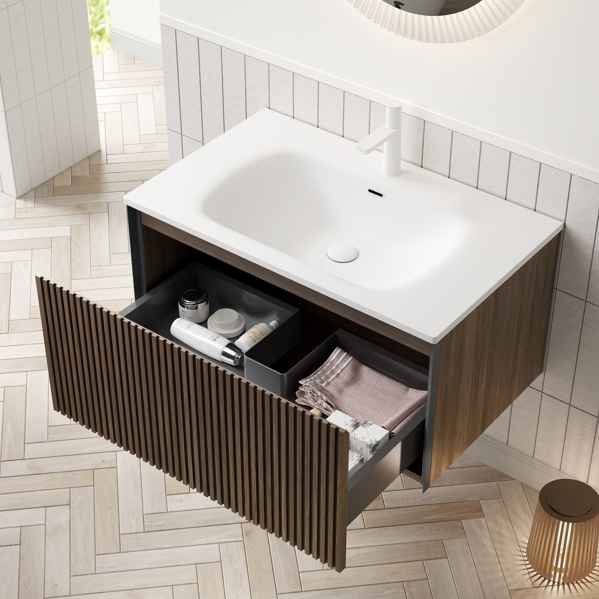 IDEASY Waschbecken 80cm Keramikwaschtisch mit Schublade Eiche